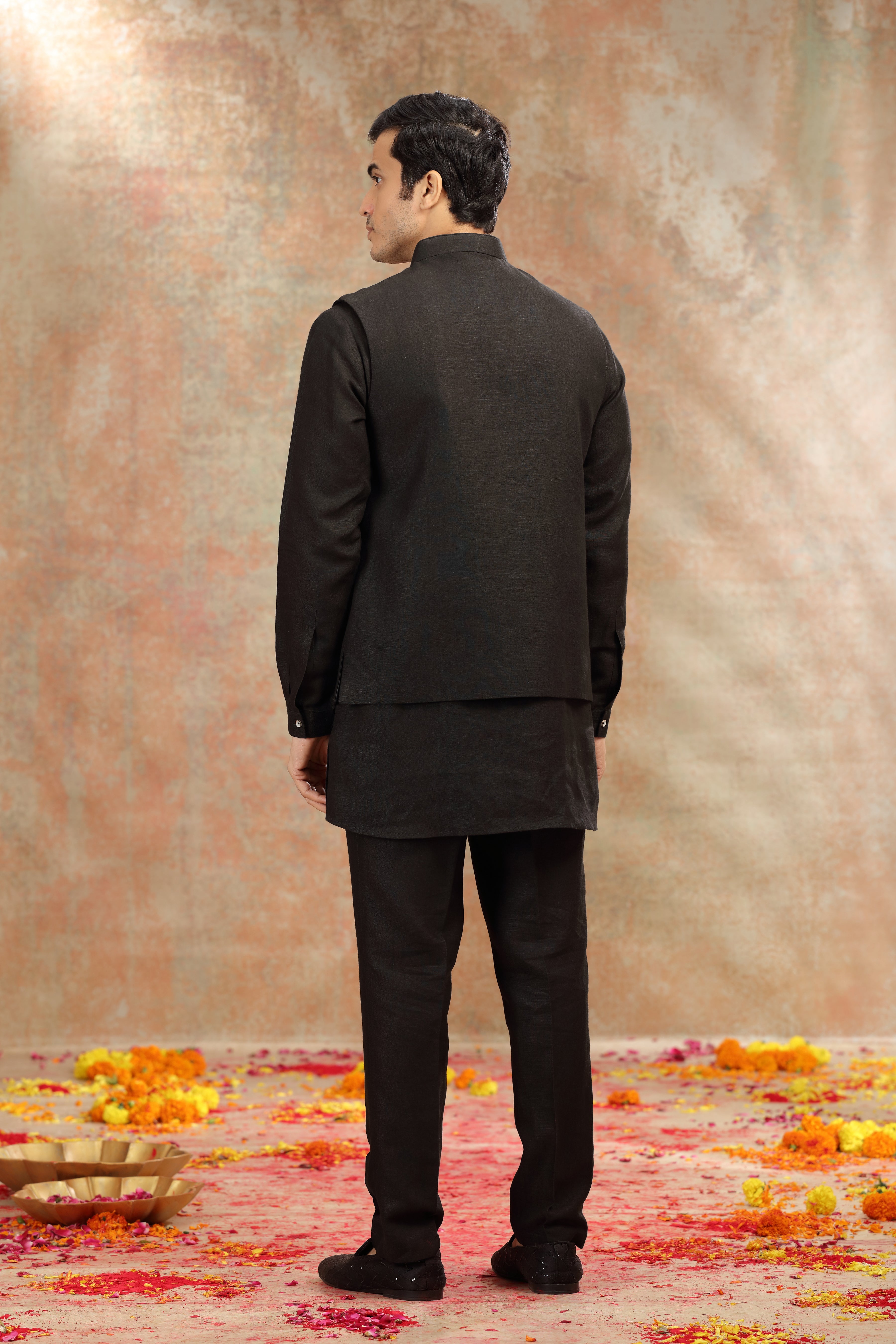 Black Silk Koti Kurta Set with Resham Thread Work