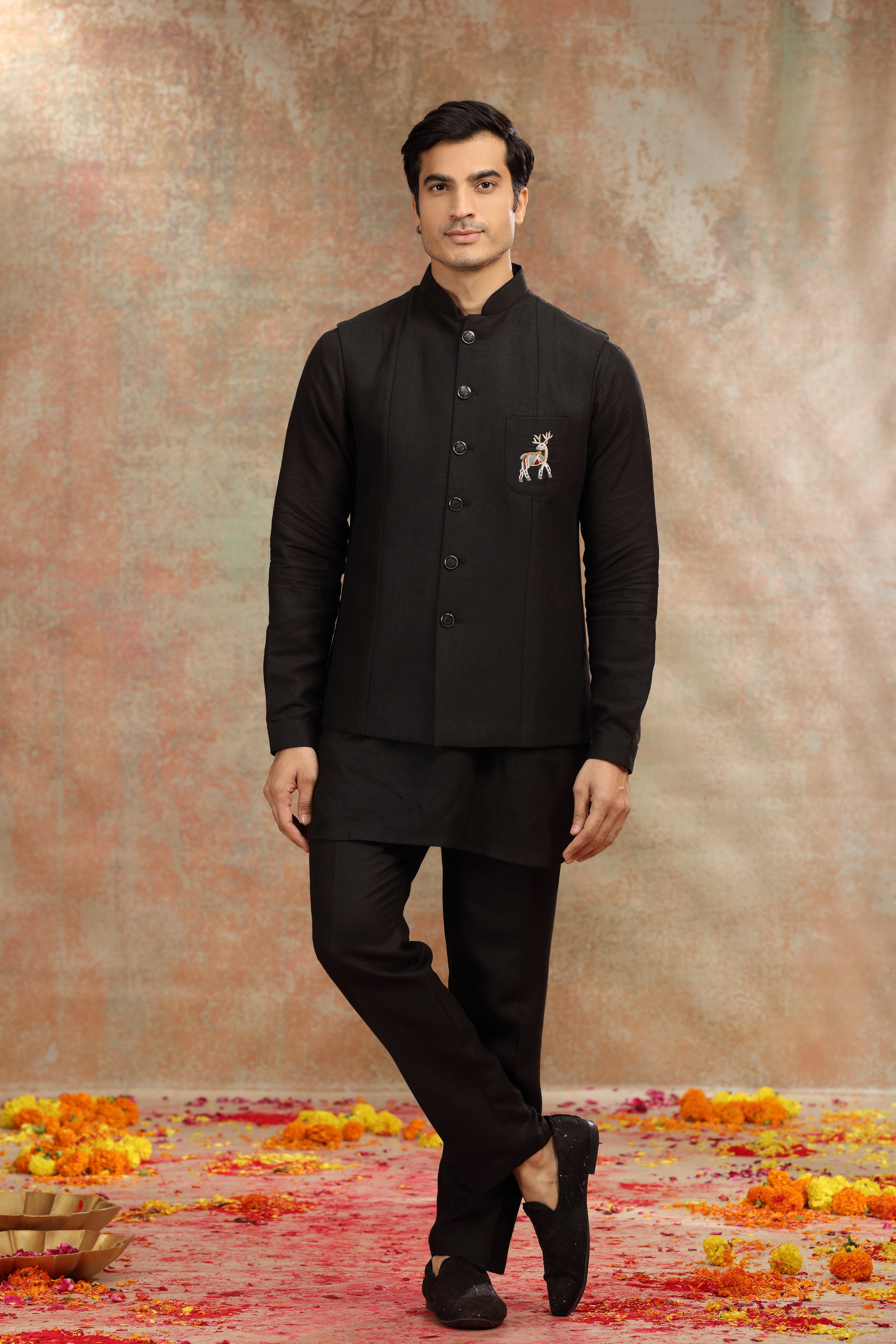 Black Silk Koti Kurta Set with Resham Thread Work