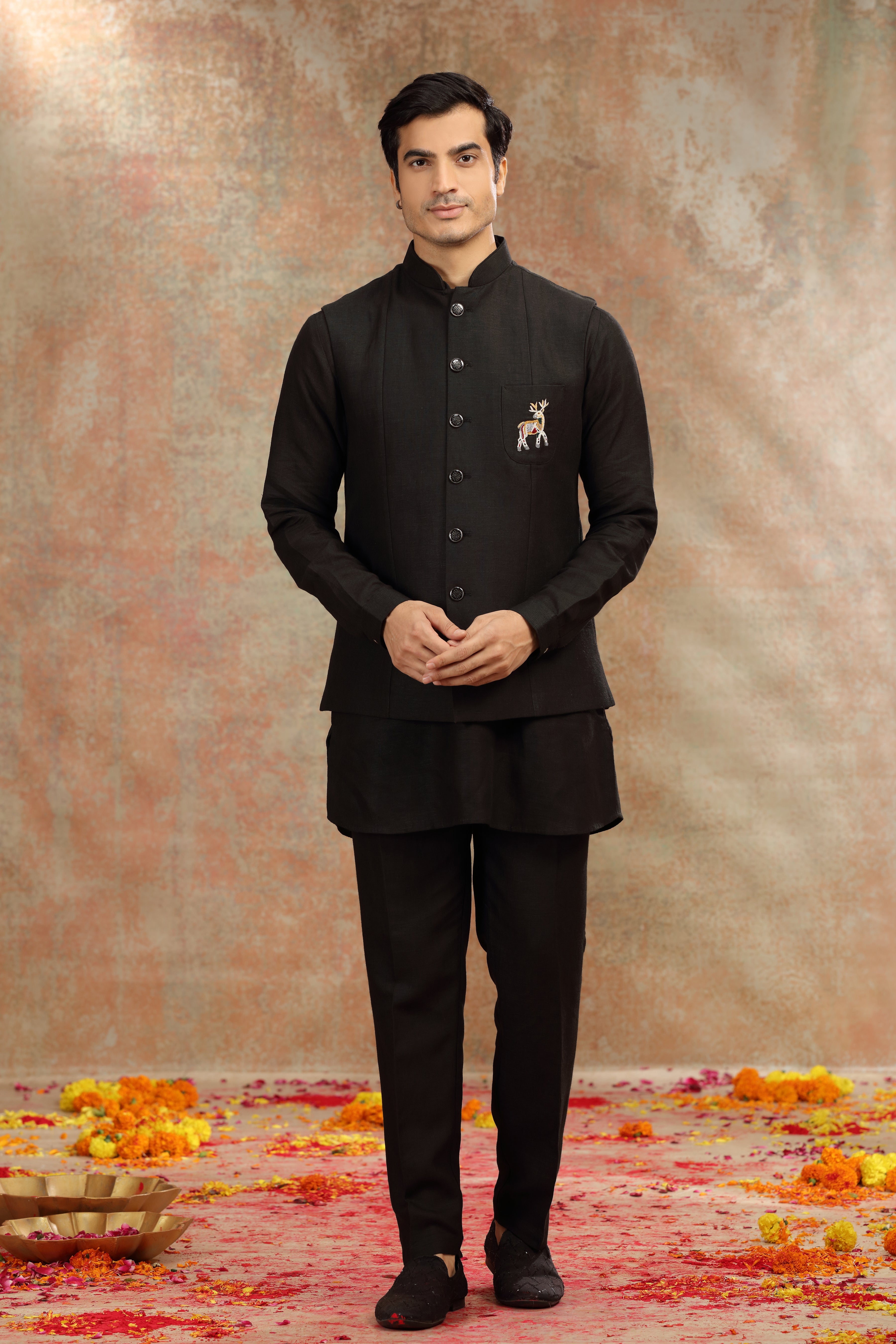 Black Silk Koti Kurta Set with Resham Thread Work