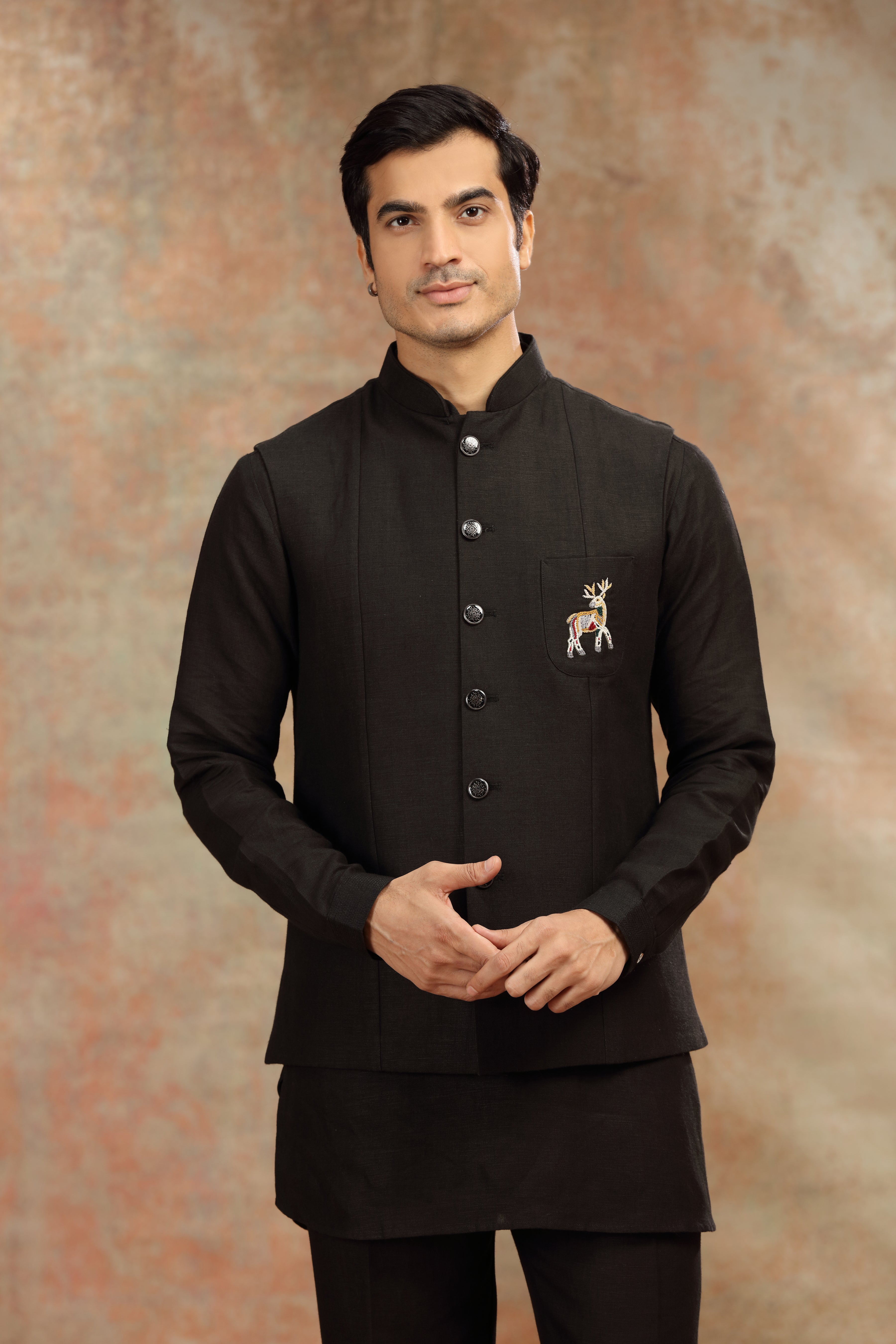 Black Silk Koti Kurta Set with Resham Thread Work