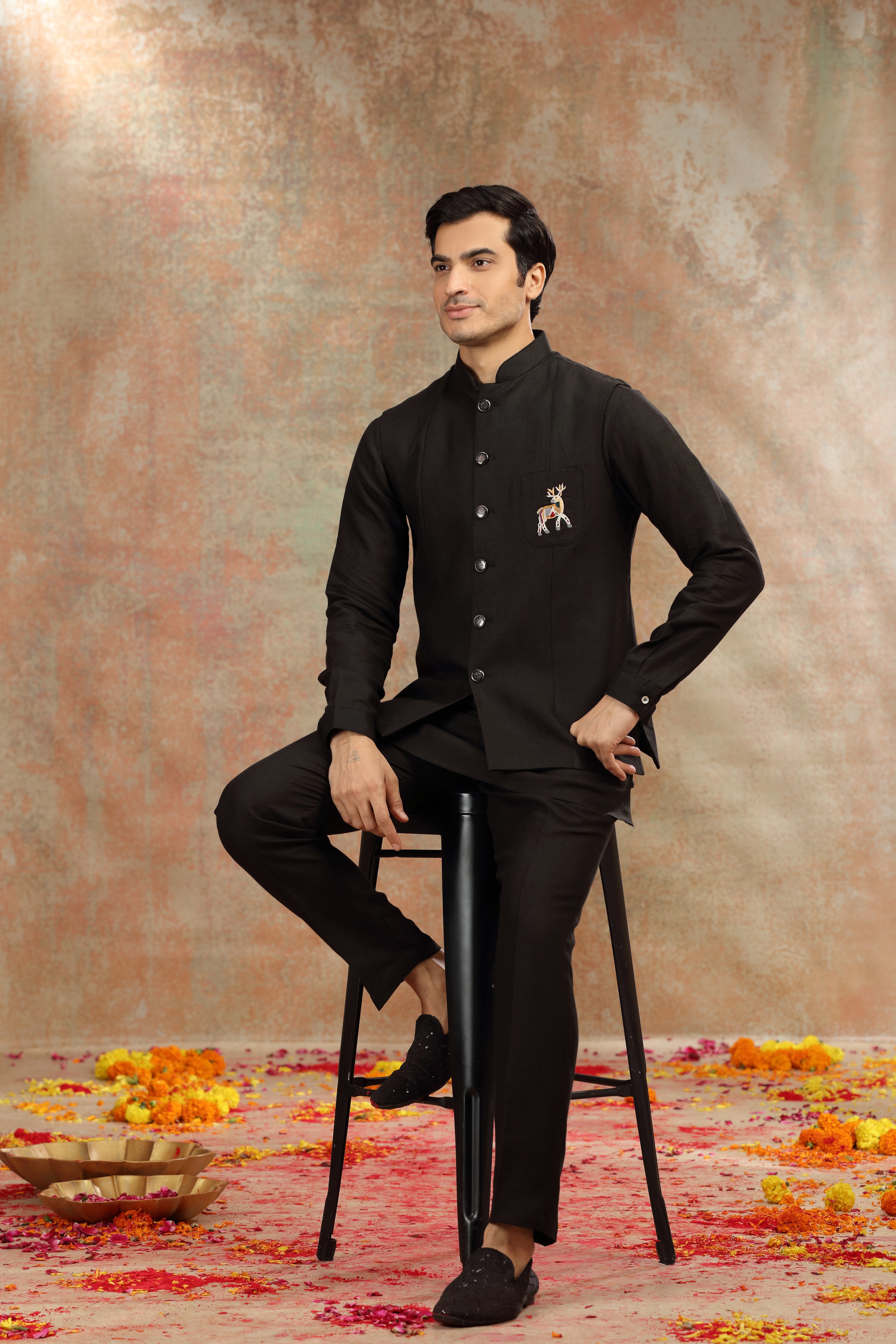 Black Silk Koti Kurta Set with Resham Thread Work