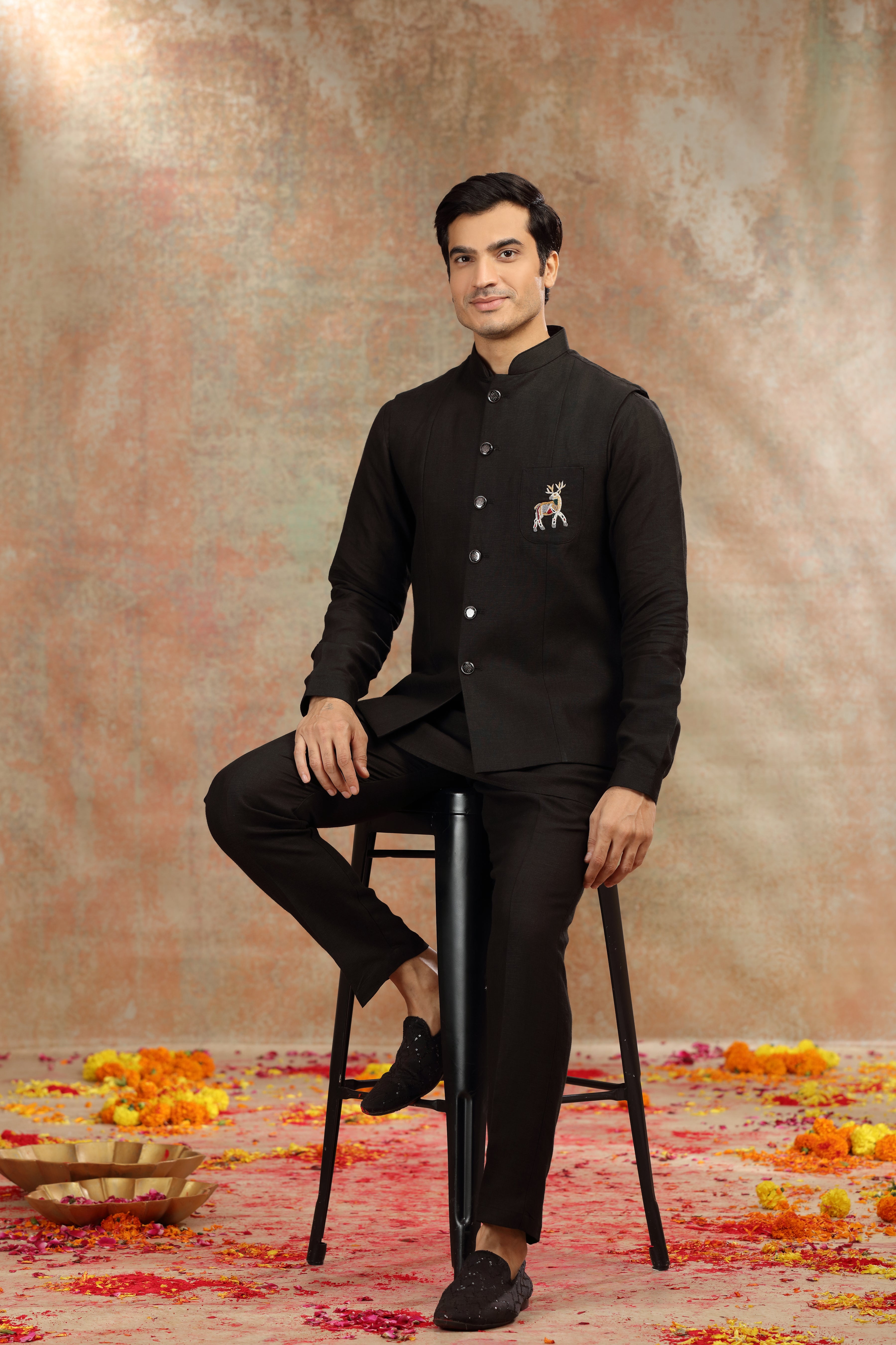 Black Silk Koti Kurta Set with Resham Thread Work