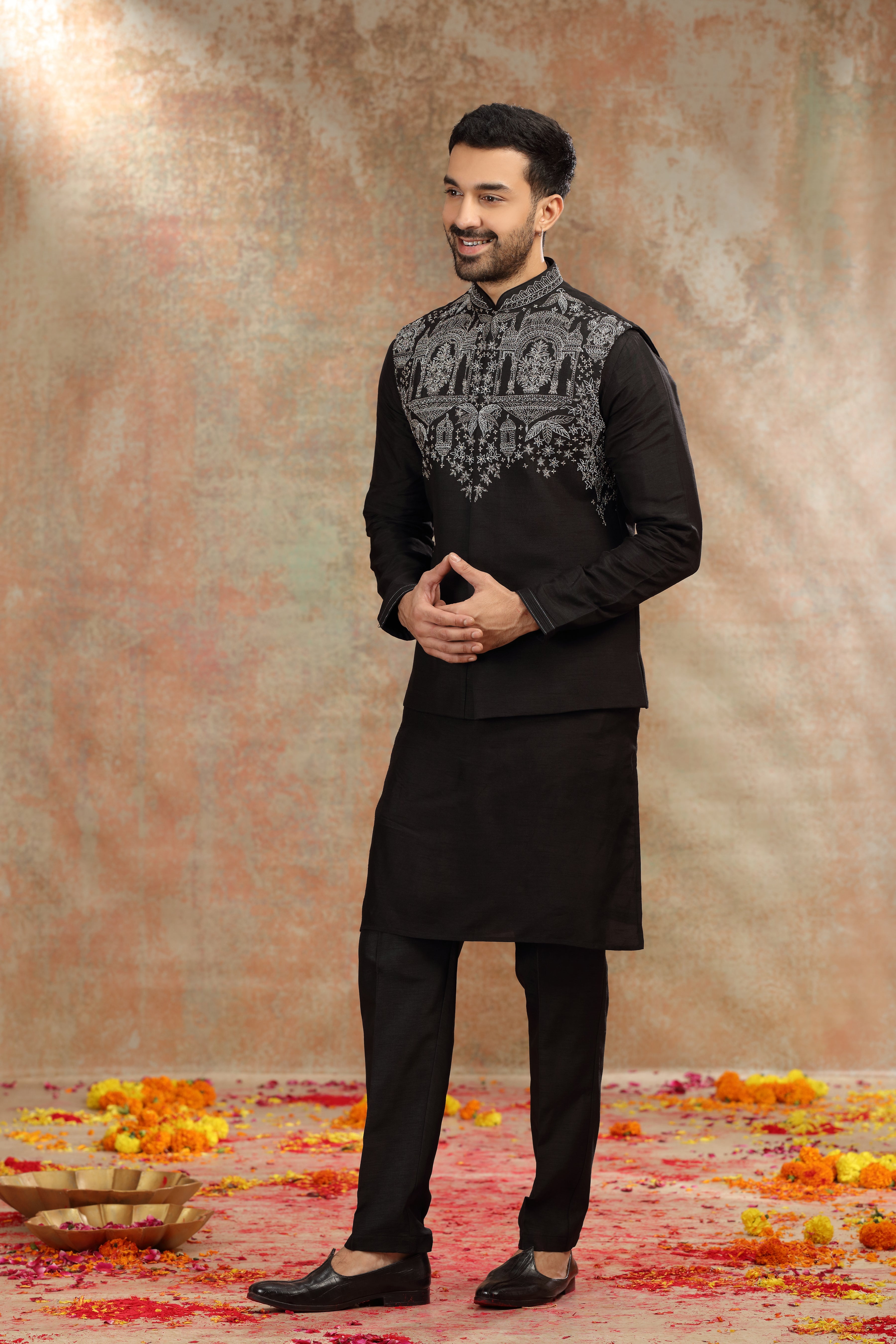 Black Silk Koti Kurta with Kasab, Cutdana and Sequins Work