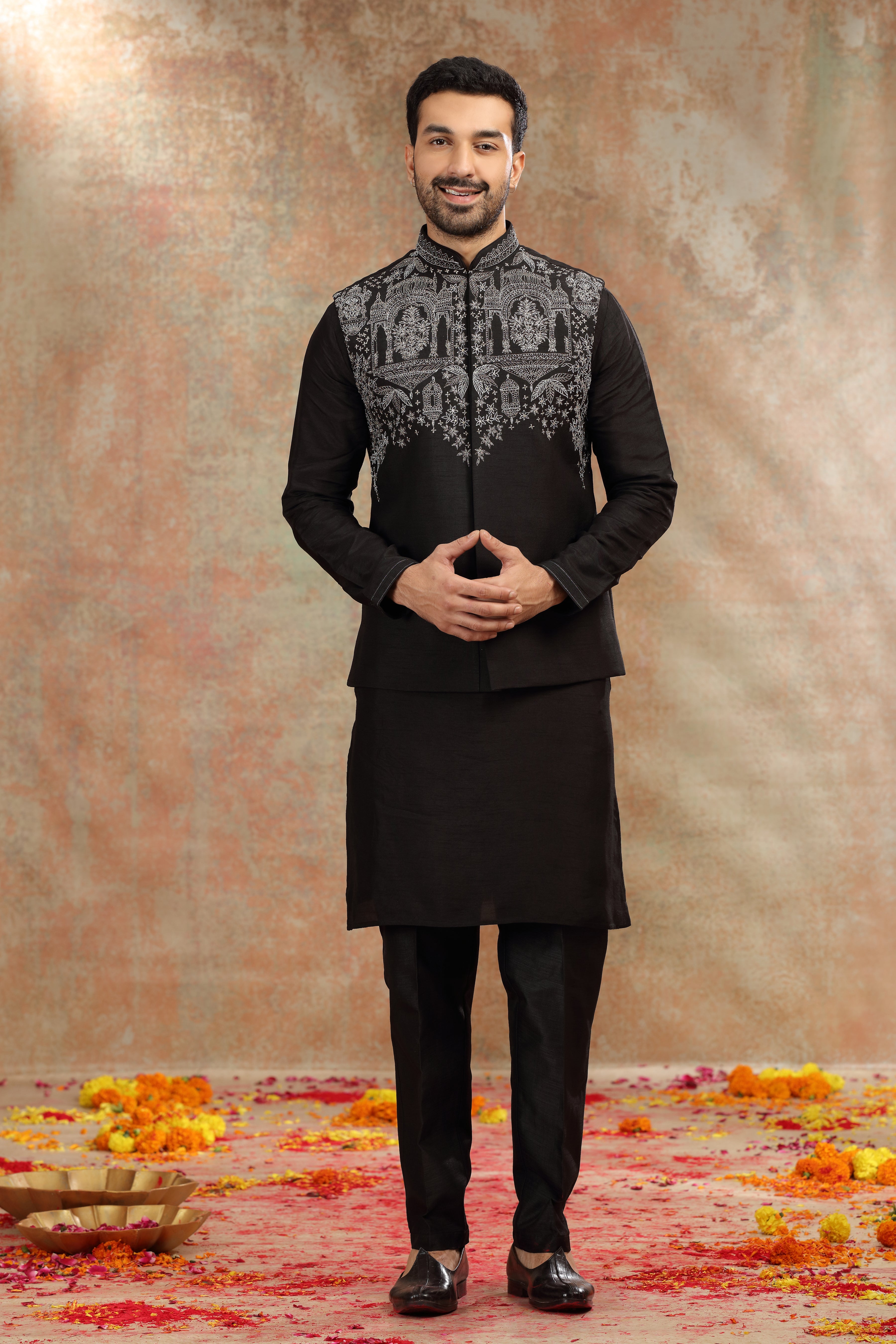 Black Silk Koti Kurta with Kasab, Cutdana and Sequins Work