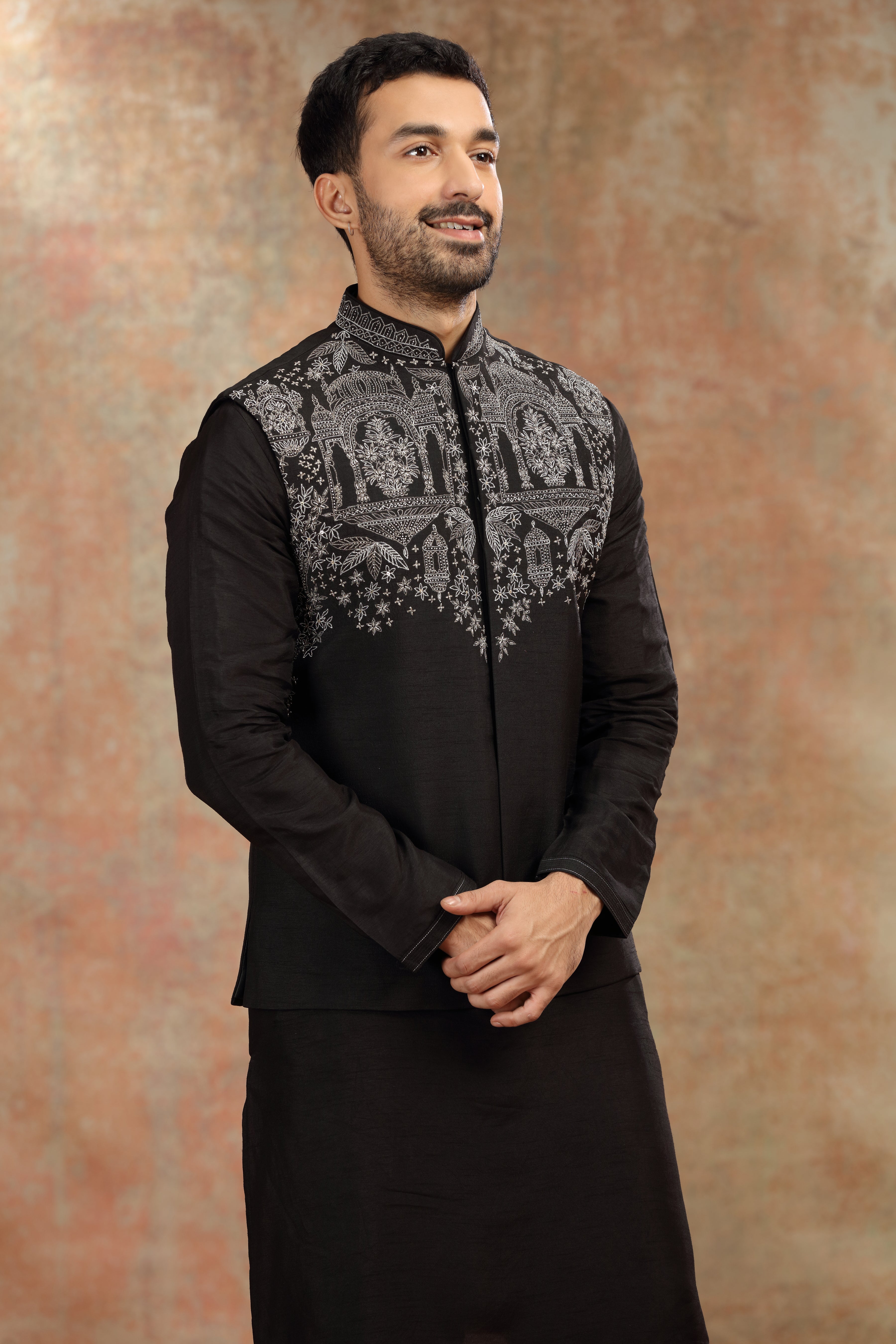 Black Silk Koti Kurta with Kasab, Cutdana and Sequins Work