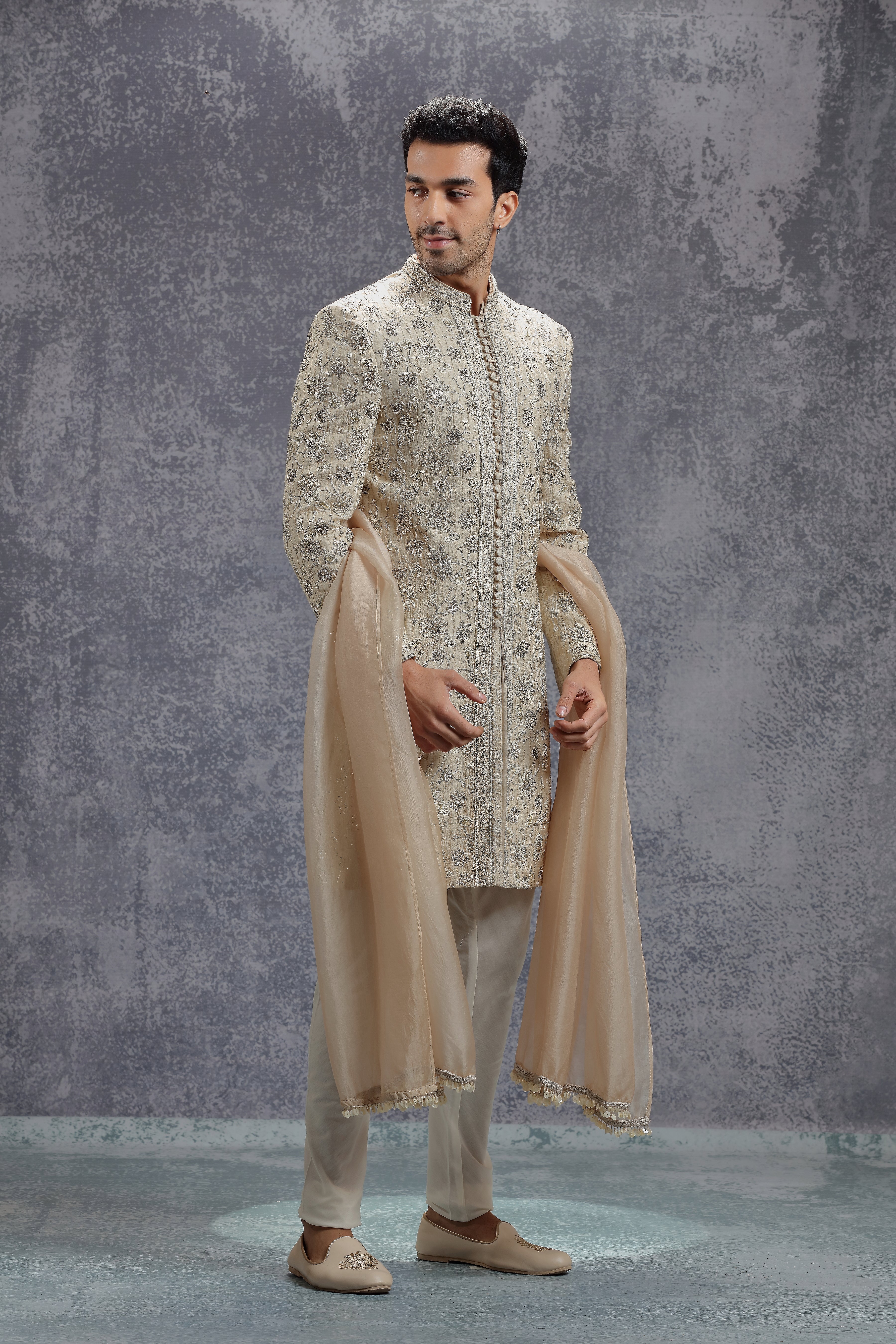 Beige Sherwani Set with Zardosi, Resham and Sequins Work - Shreeman