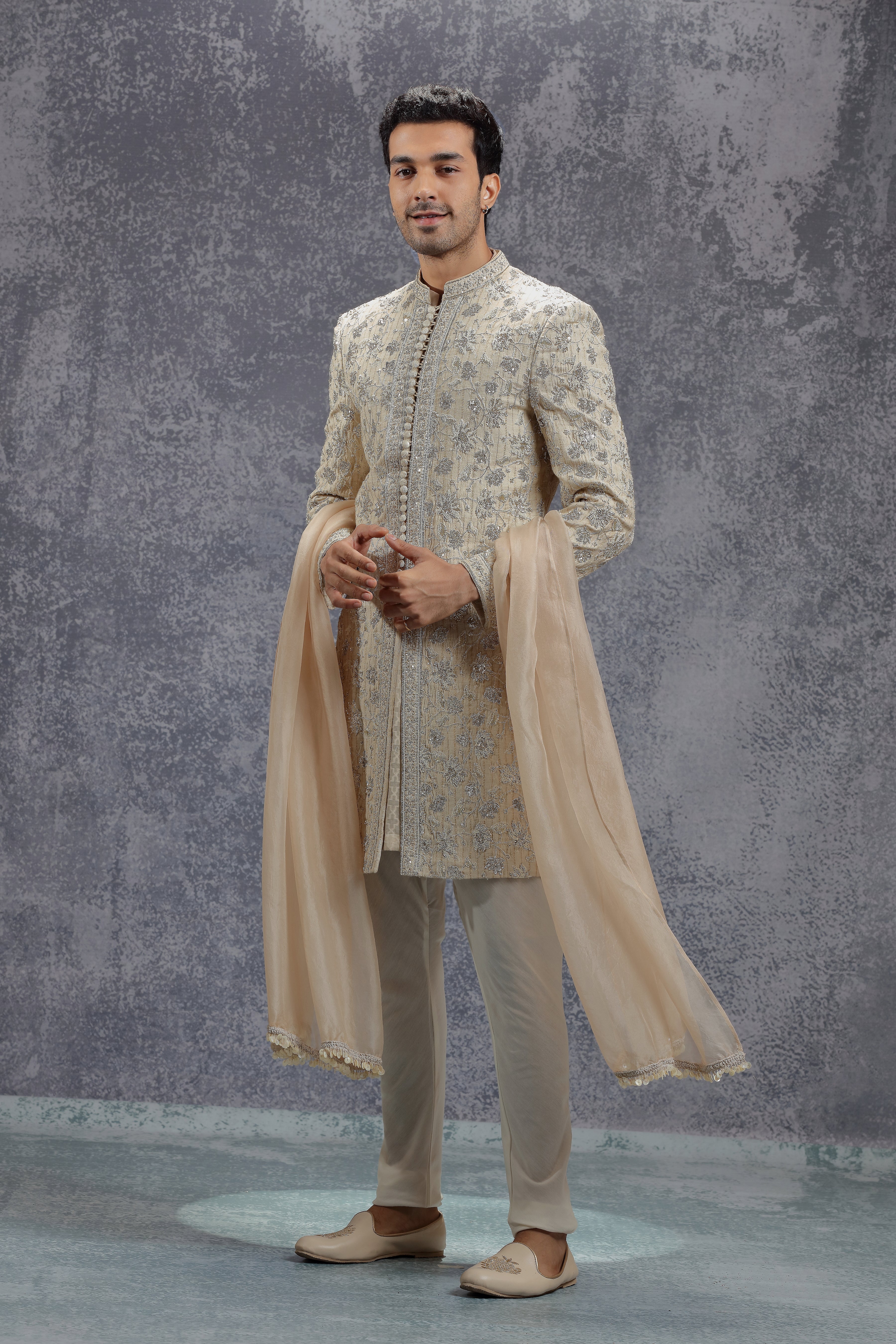 Beige Sherwani Set with Zardosi, Resham and Sequins Work - Shreeman