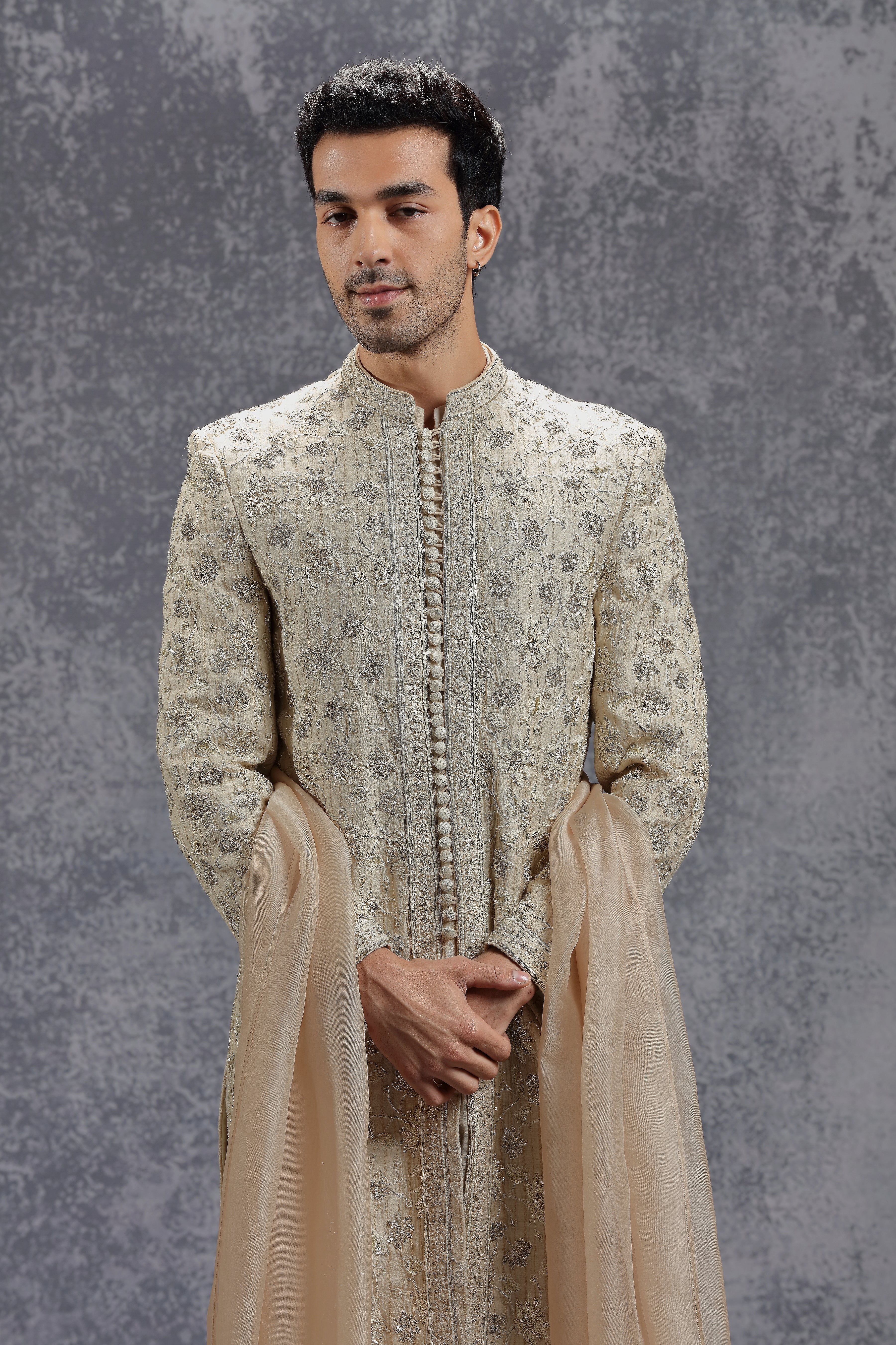 Beige Sherwani Set with Zardosi, Resham and Sequins Work - Shreeman