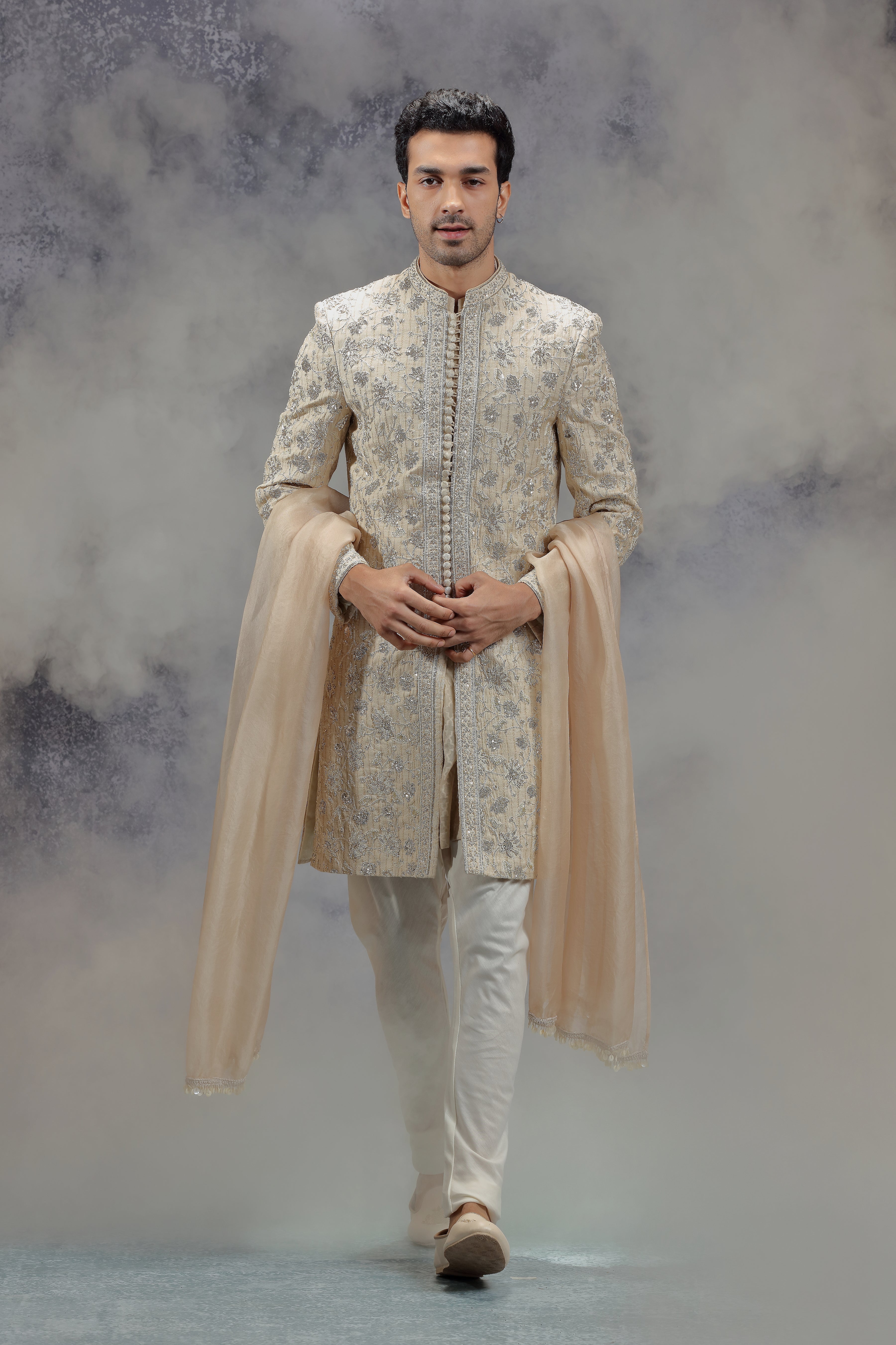 Beige Sherwani Set with Zardosi, Resham and Sequins Work - Shreeman