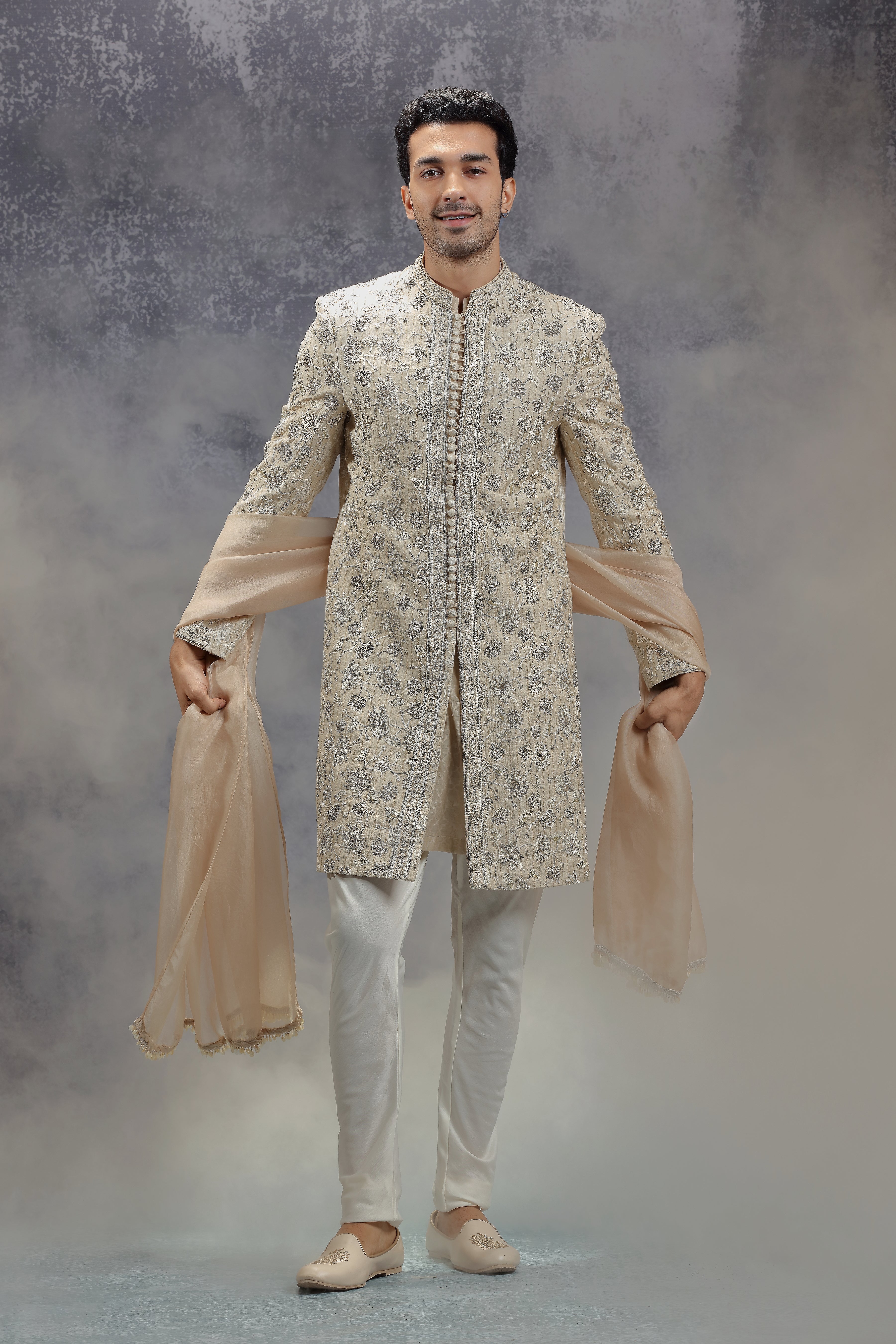 Beige Sherwani Set with Zardosi, Resham and Sequins Work - Shreeman