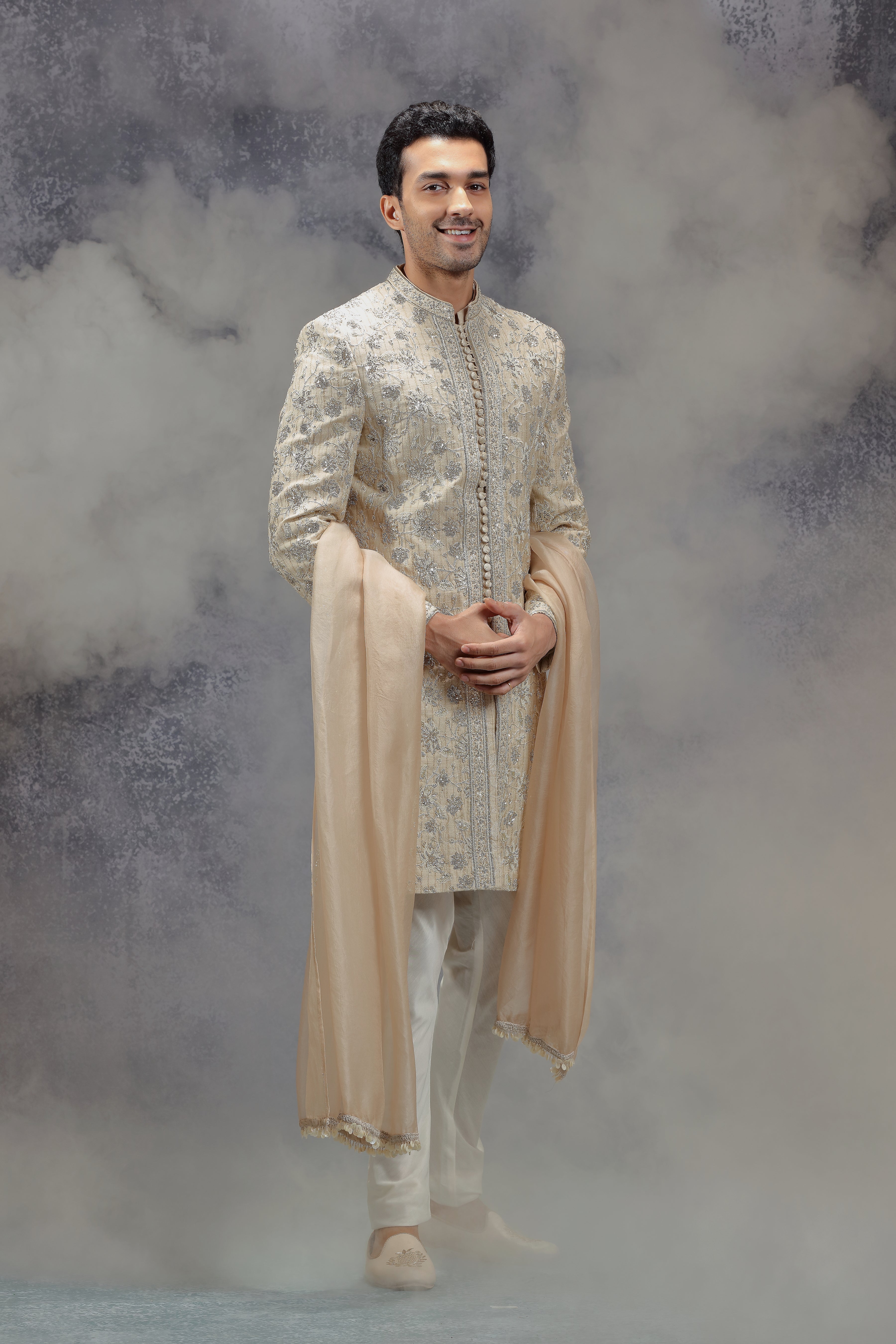 Beige Sherwani Set with Zardosi, Resham and Sequins Work - Shreeman