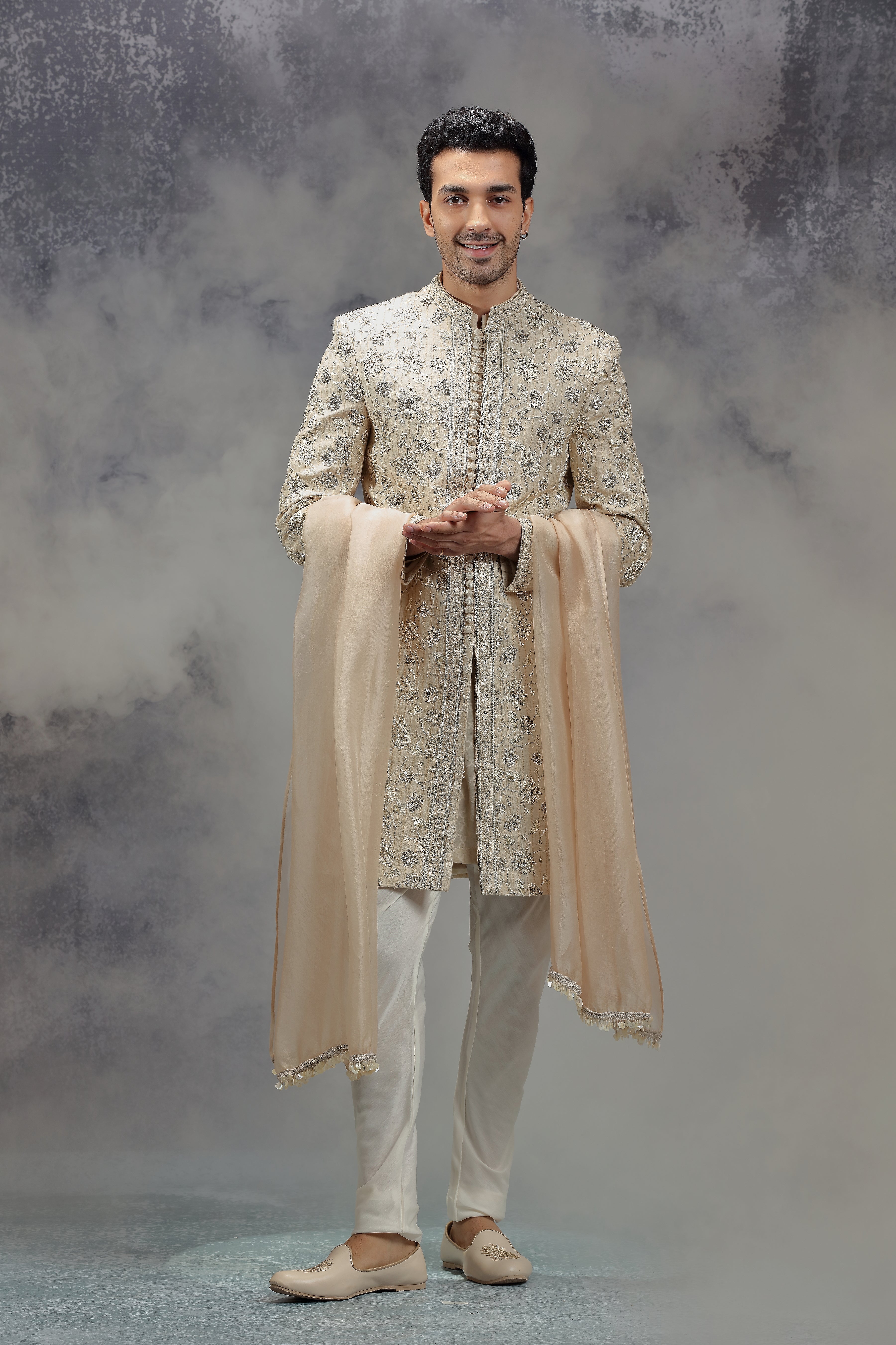Beige Sherwani Set with Zardosi, Resham and Sequins Work - Shreeman