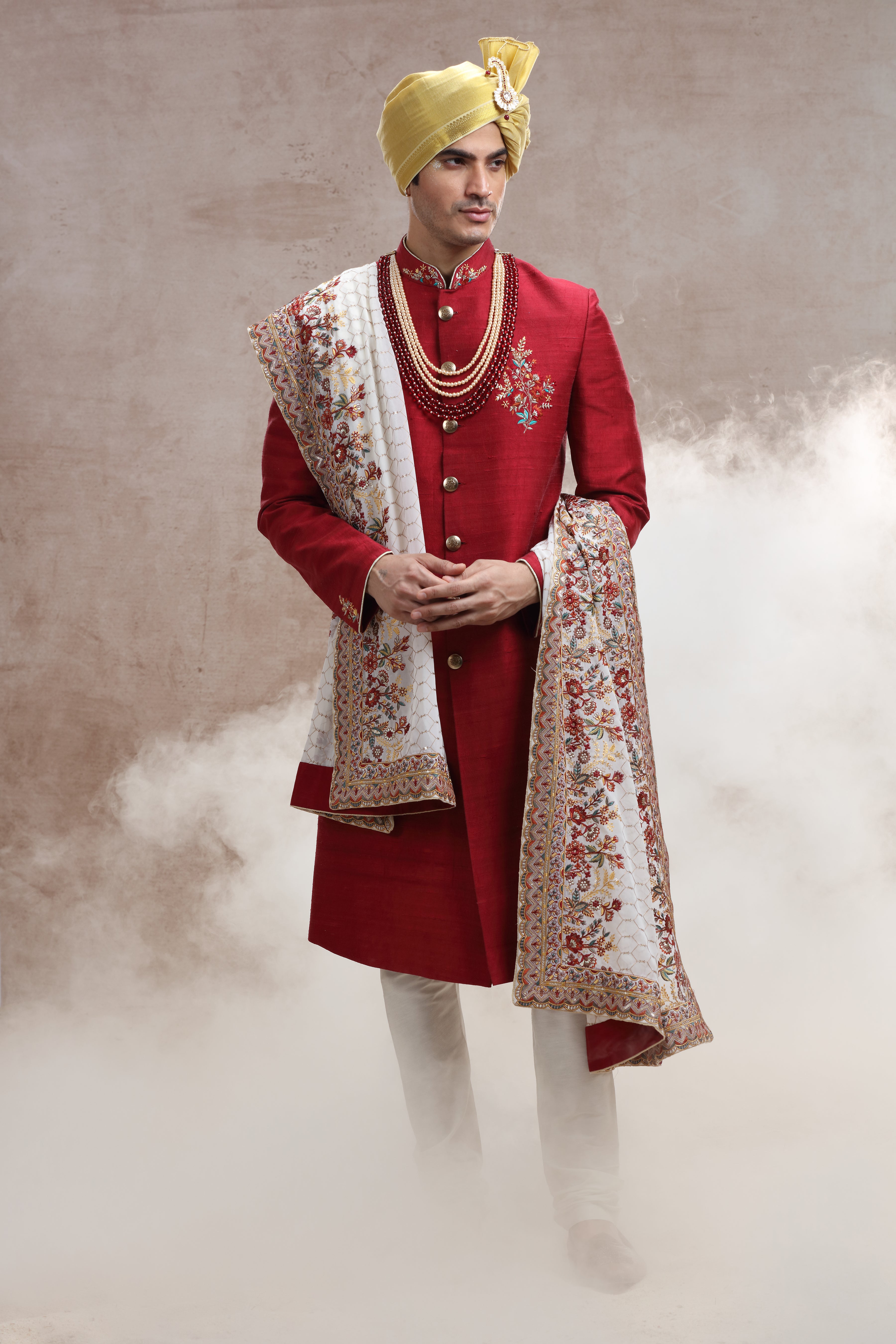 Crimson Red Sherwani with Thread Work and Sequences