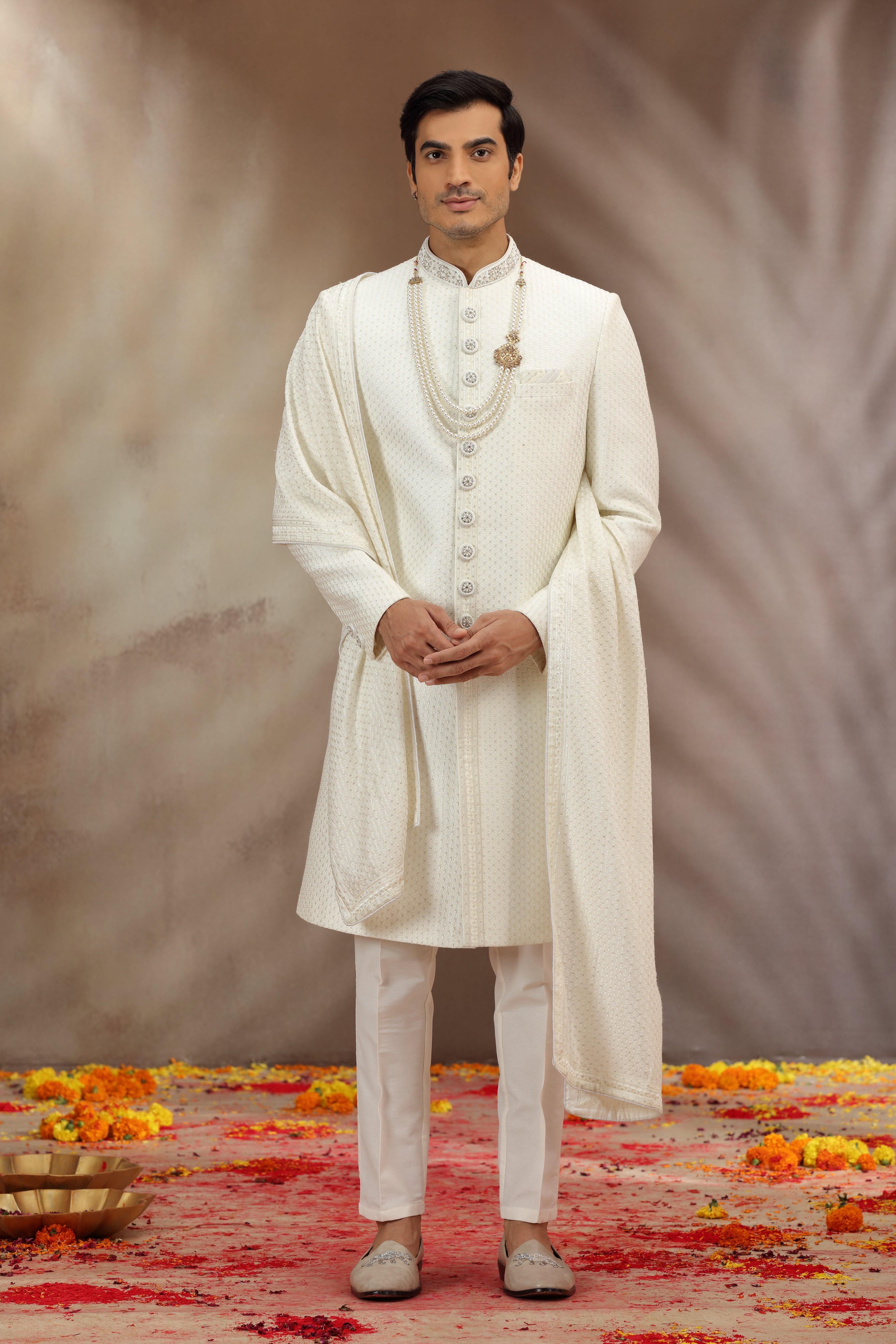 Cream Silk Sherwani with Resham and Sequins Work