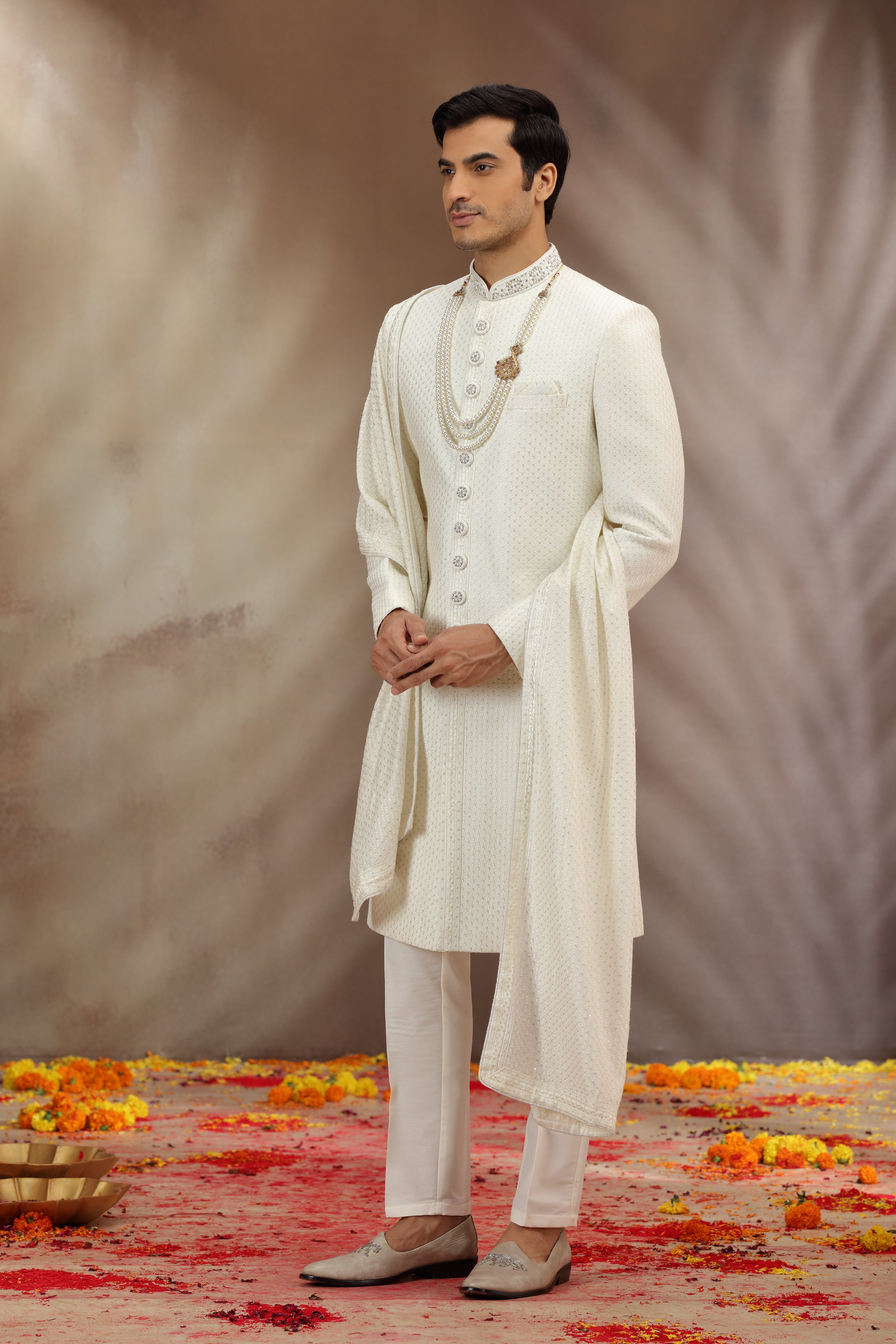 Cream Silk Sherwani with Resham and Sequins Work