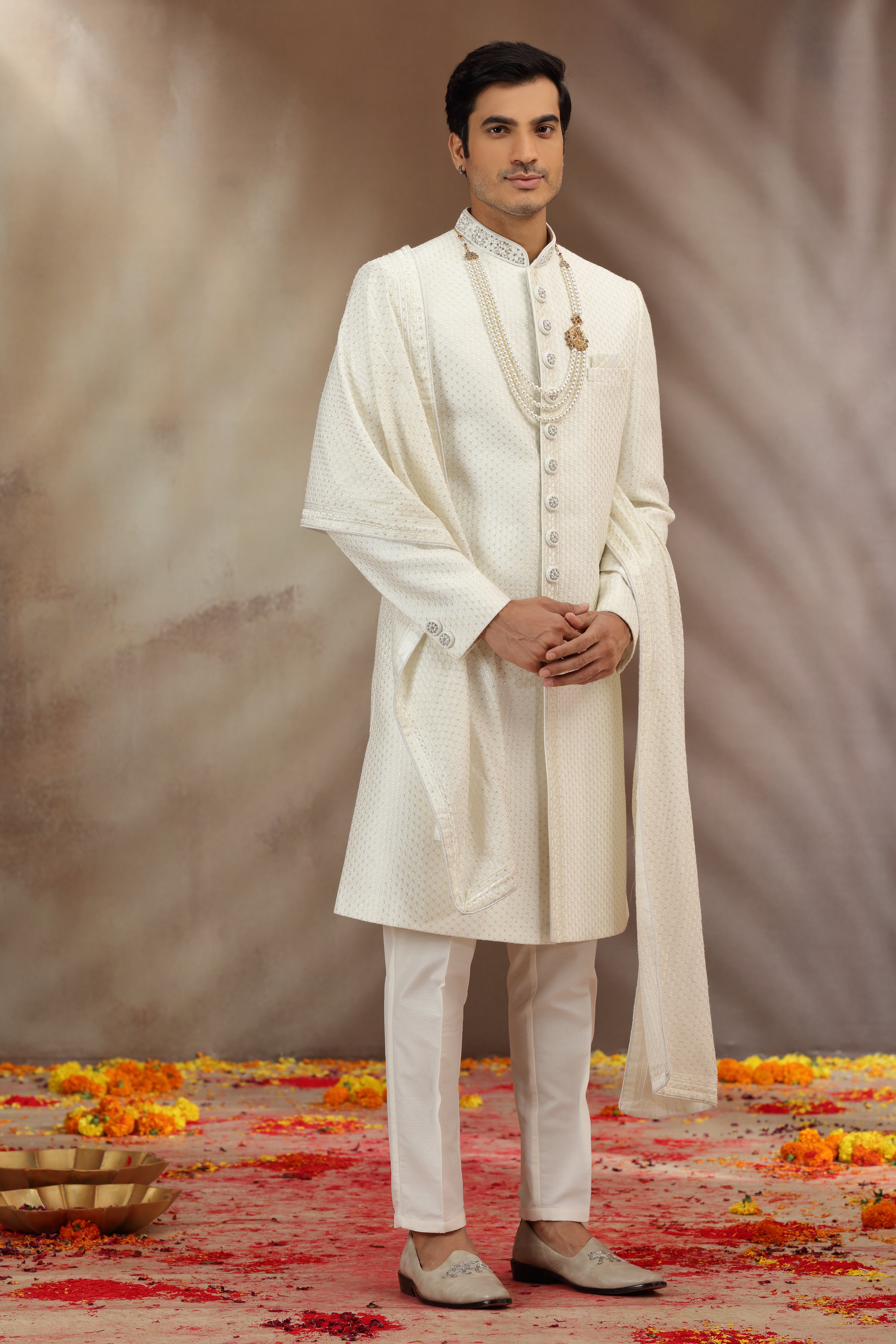Cream Silk Sherwani with Resham and Sequins Work