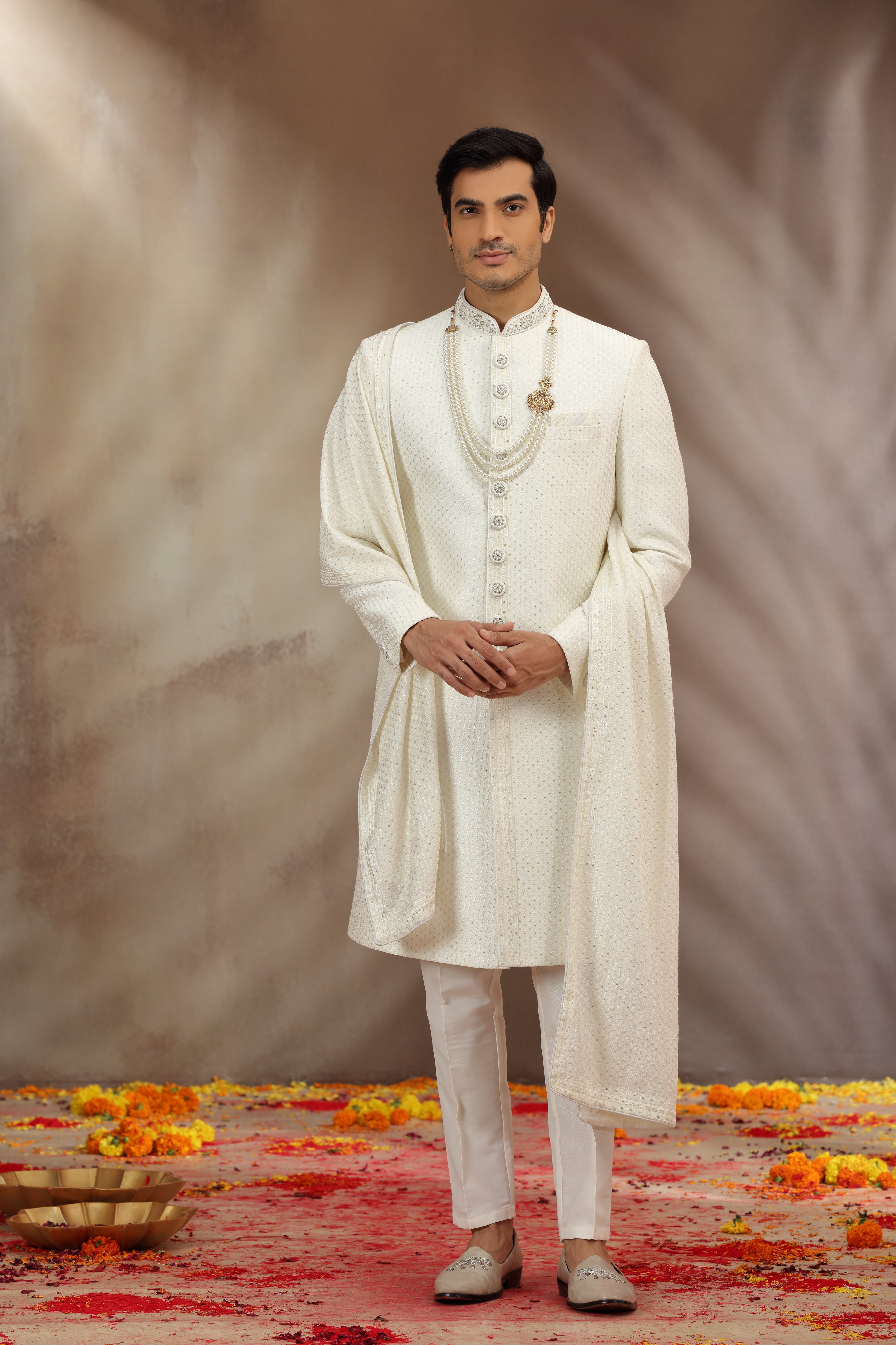 Cream Silk Sherwani with Resham and Sequins Work