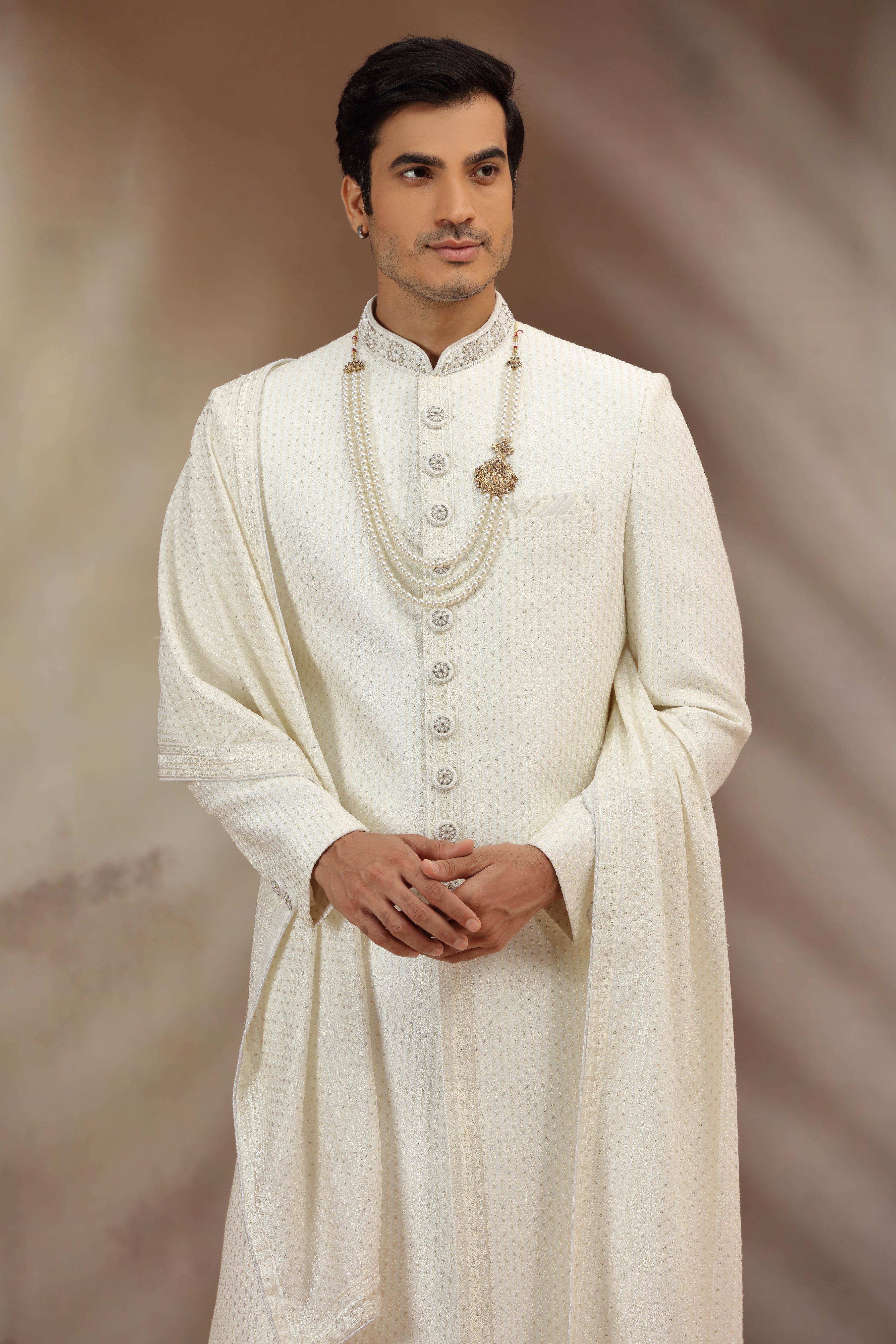 Cream Silk Sherwani with Resham and Sequins Work
