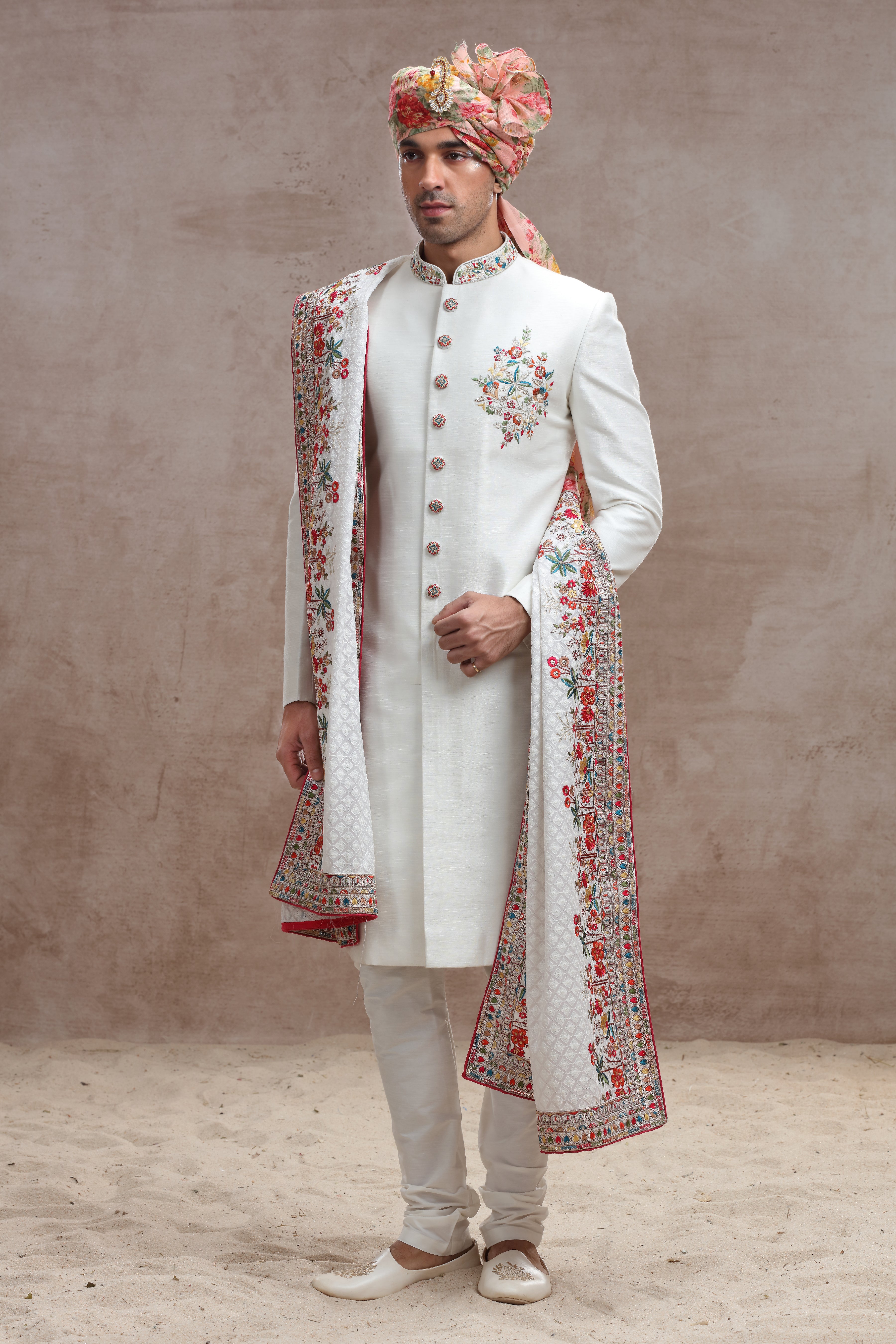 Ivory Raw Silk Sherwani with Thread, Bead Work