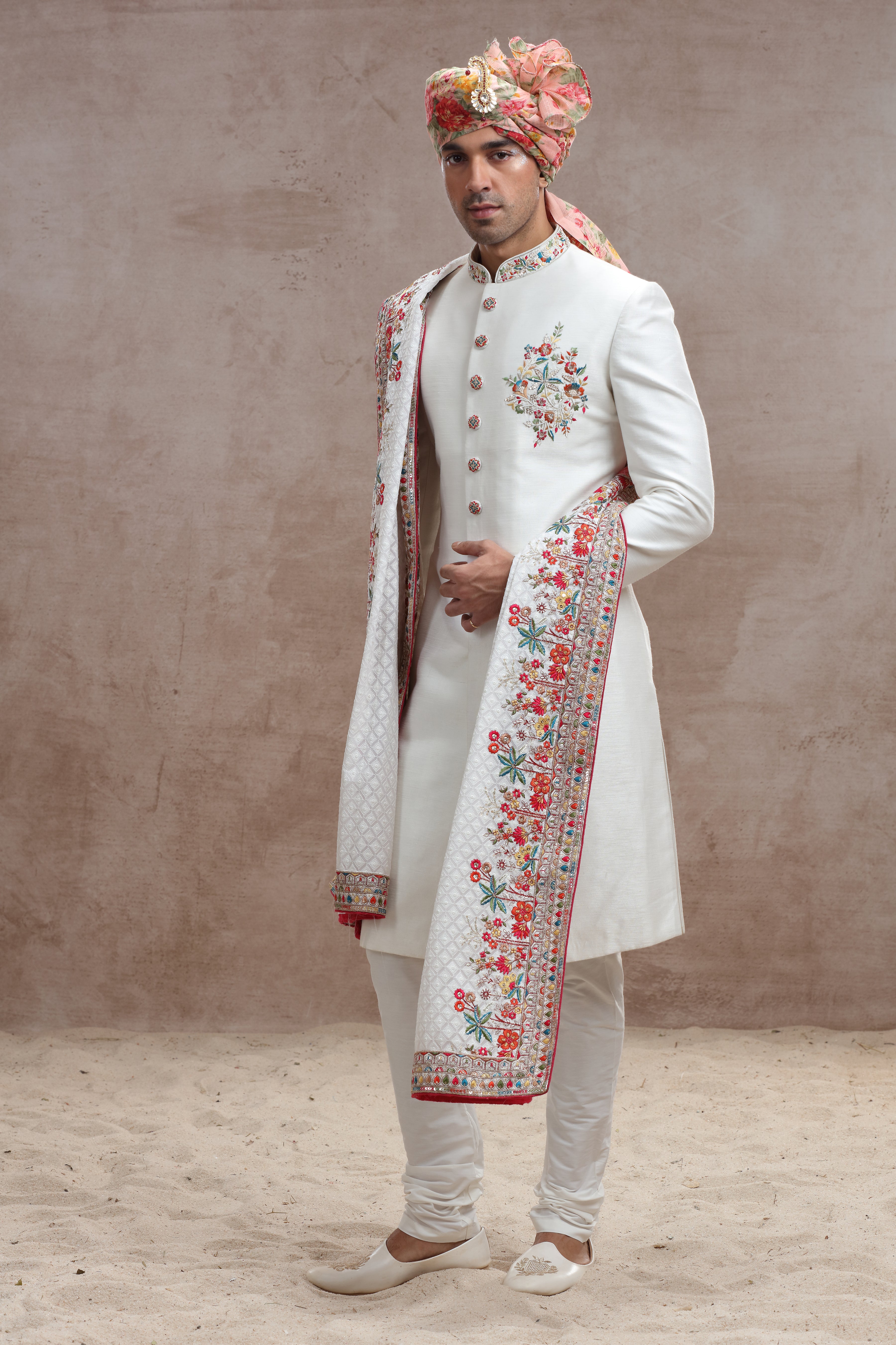 Ivory Raw Silk Sherwani with Thread, Bead Work