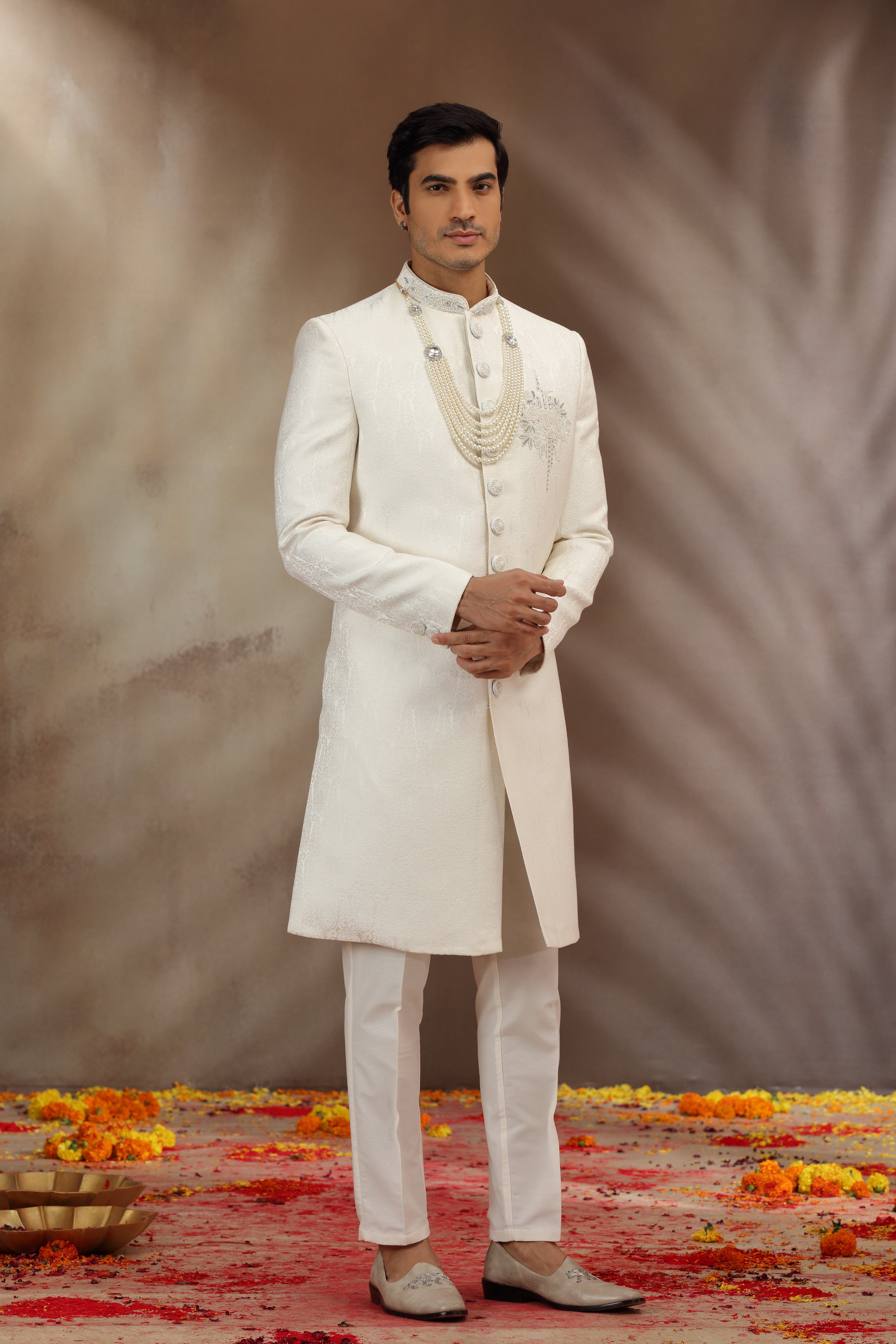 Off White Woven Silk Sherwani with Beads and Zardosi