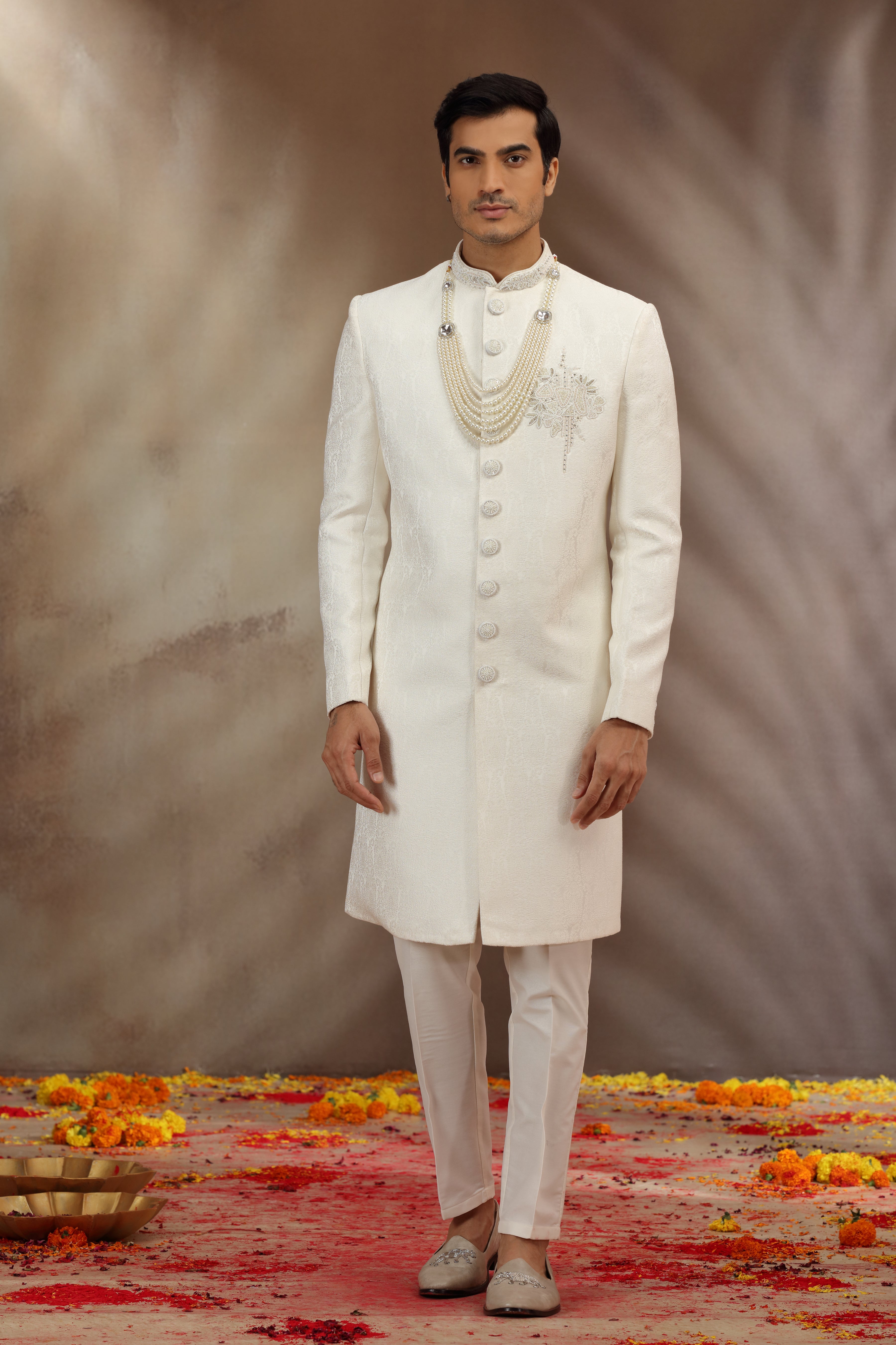 Off White Woven Silk Sherwani with Beads and Zardosi