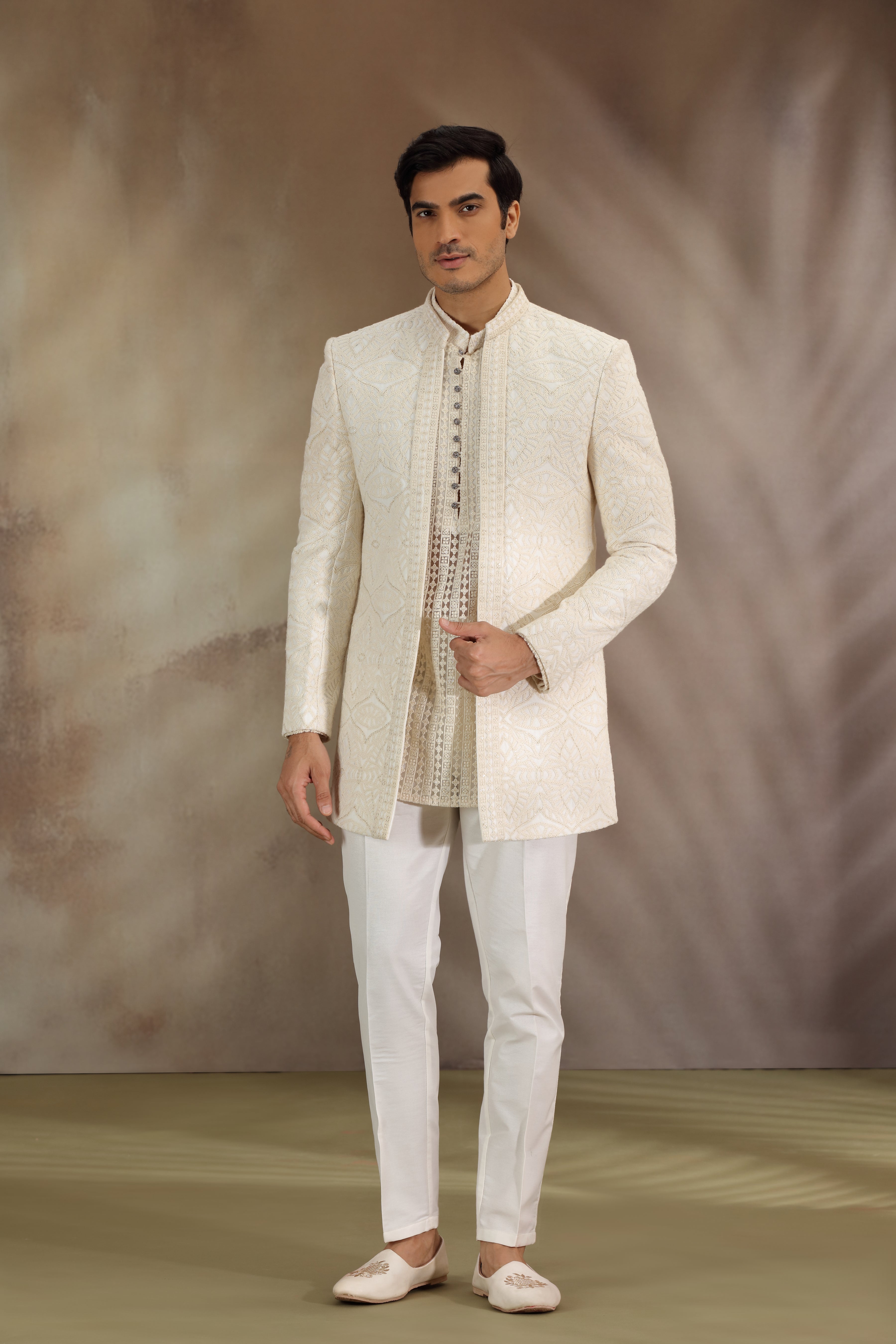 Off White Georgette Indo Western with Dori Work