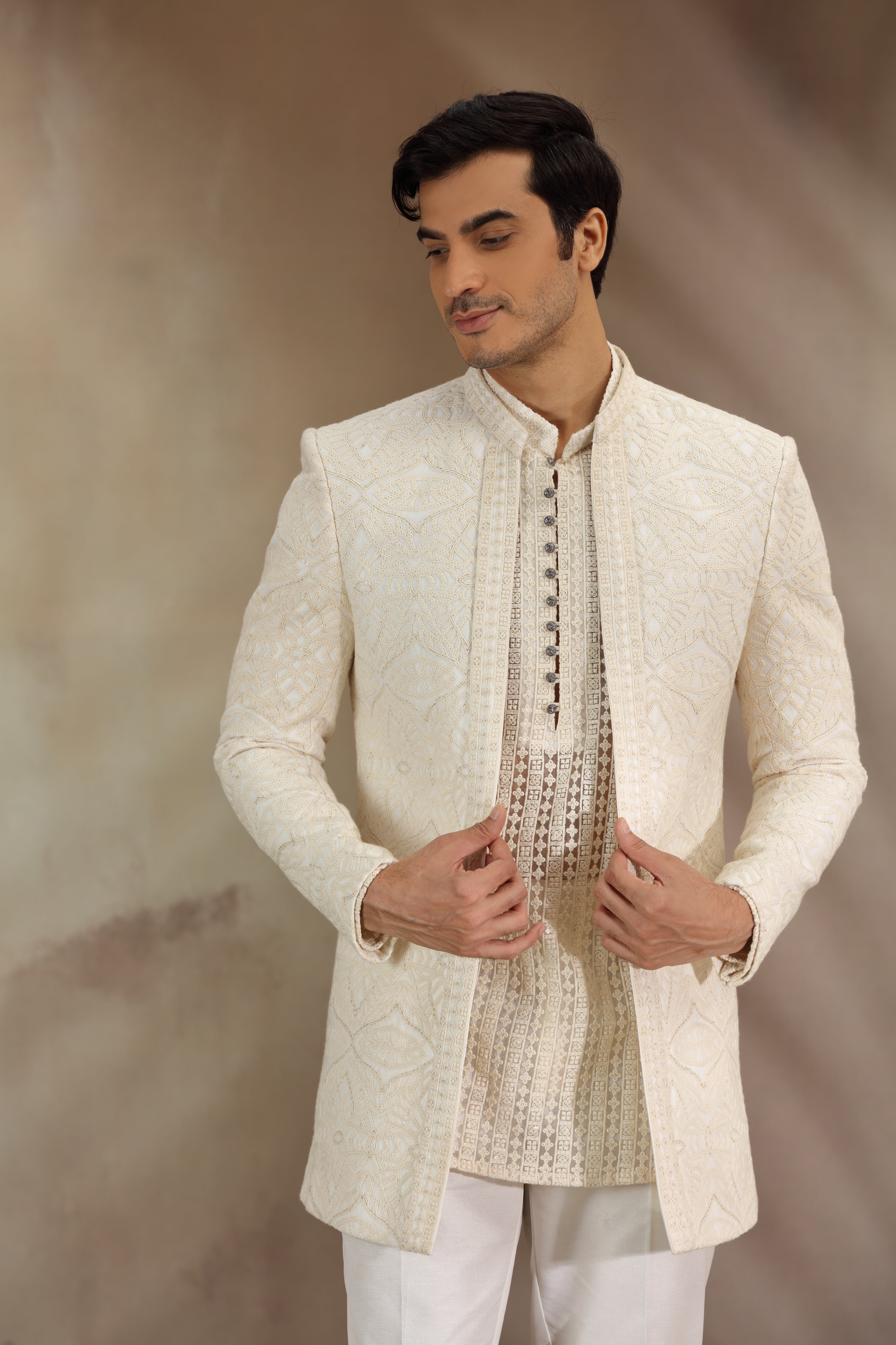 Off White Georgette Indo Western with Dori Work