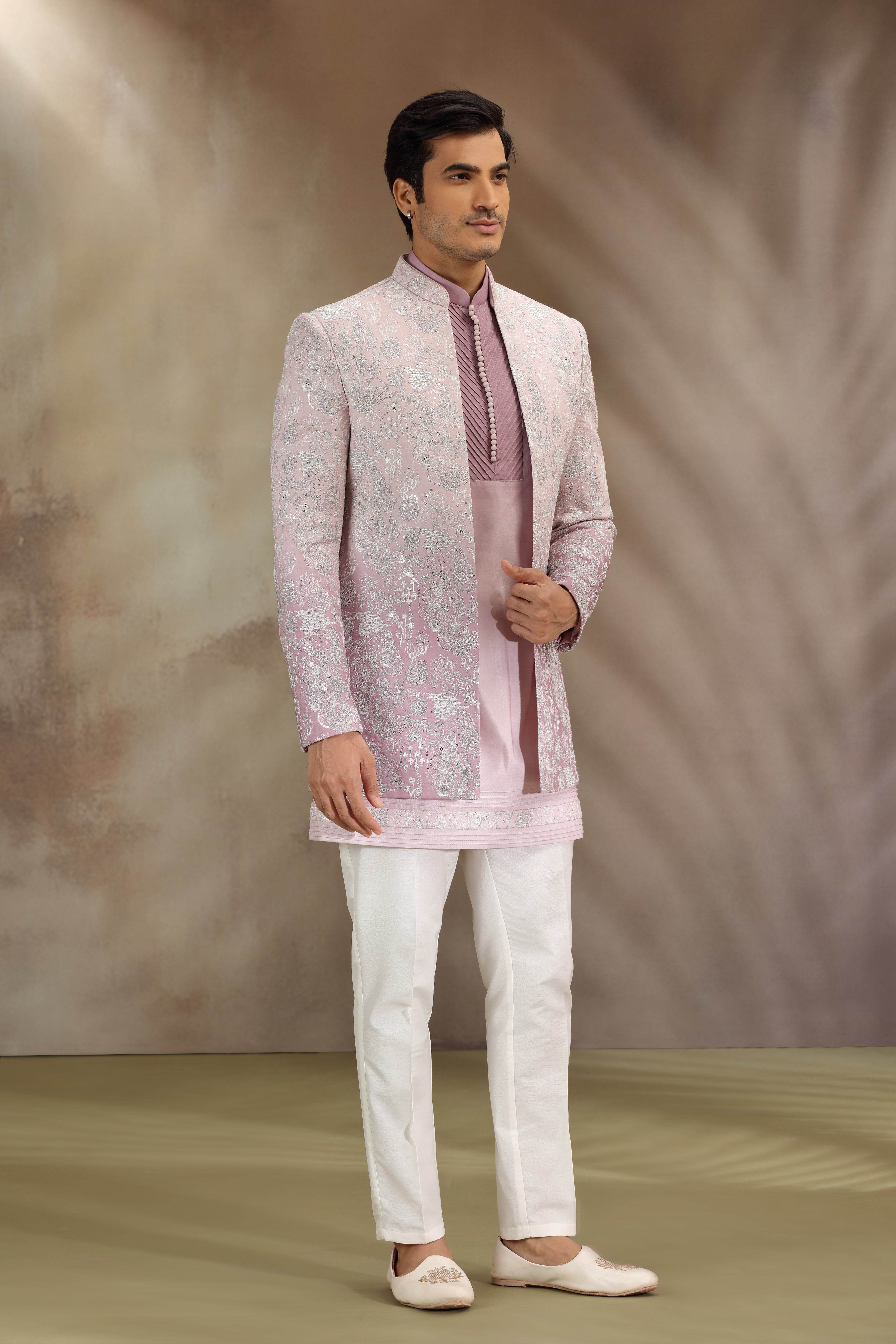 Pastel Pink Silk Indo Western with Resham and Dori Work