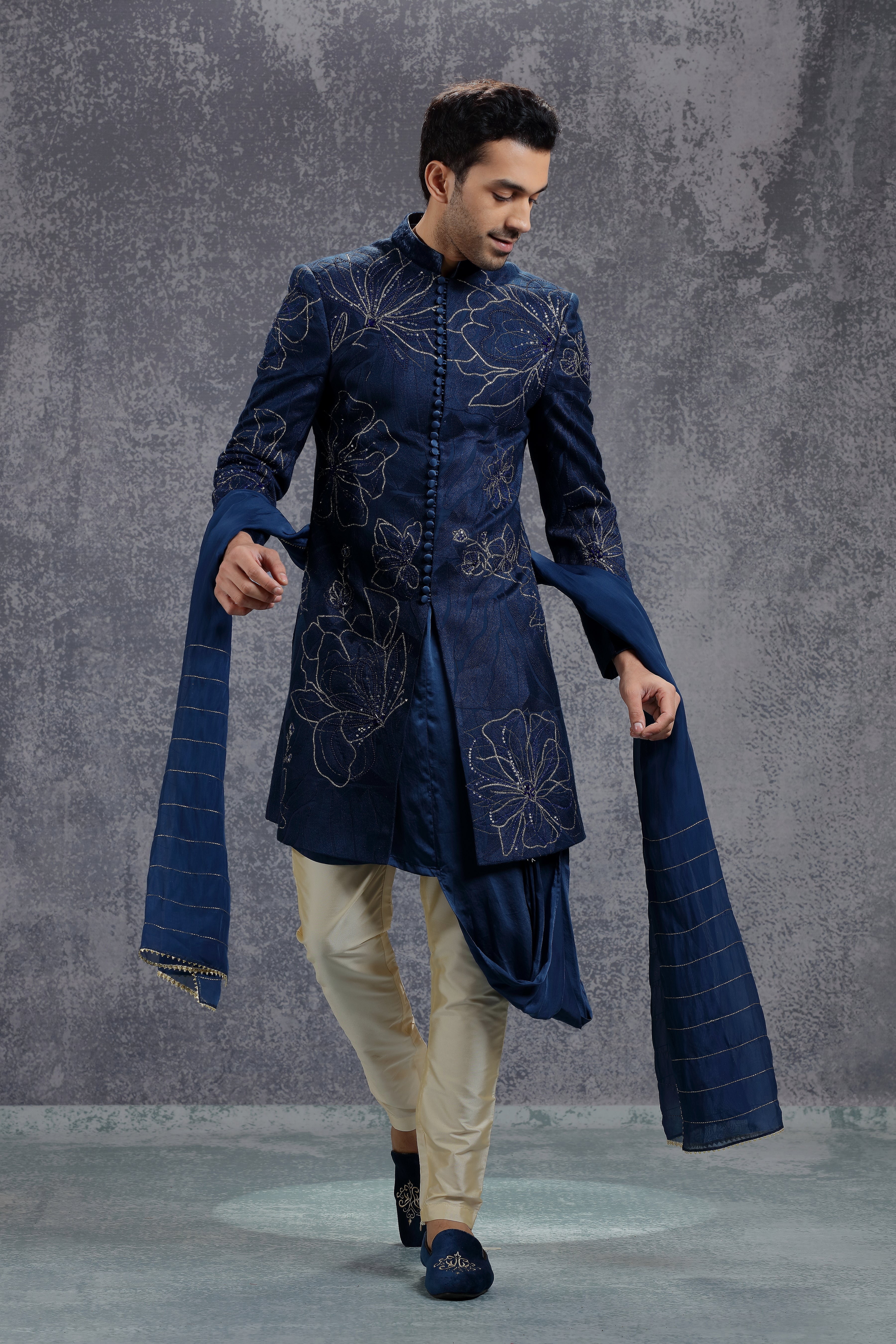 Dark Blue Velvet Jacket with Flower Embroidery - Shreeman