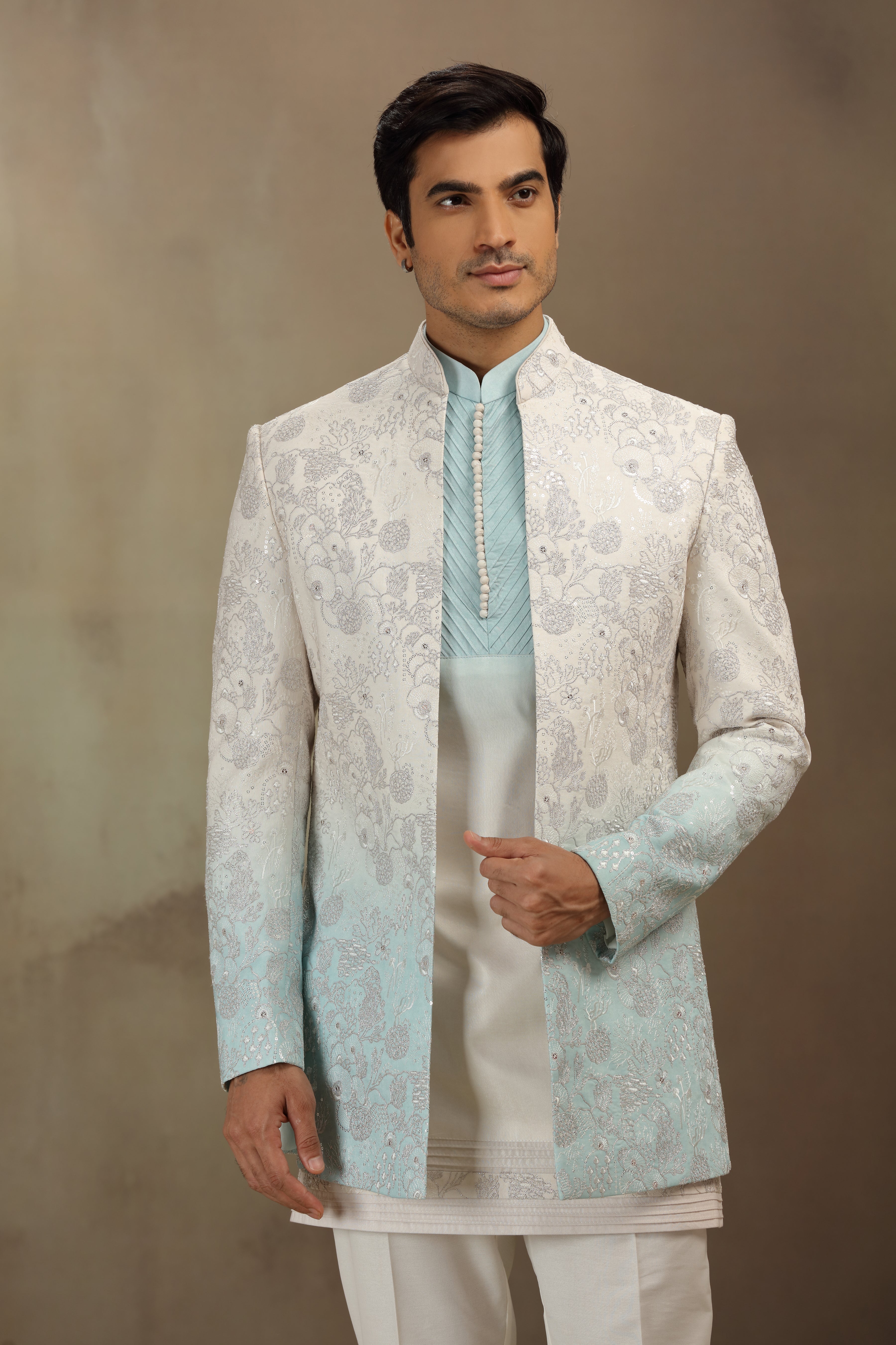 Sea Green Silk Indo Western with Resham, Dori & Sequins Work