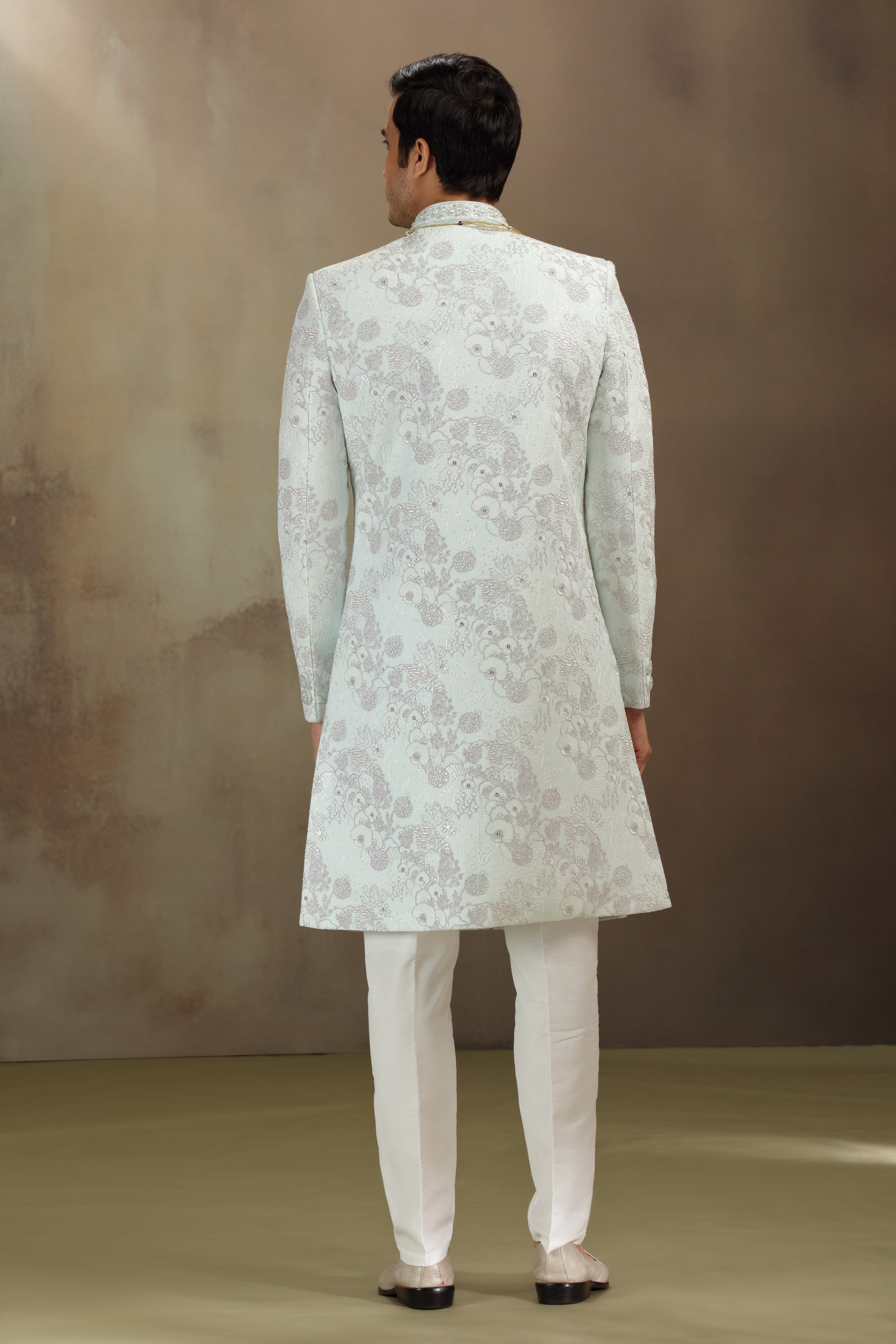 Sea Green Silk Wedding Sherwani with Resham and Dori Work