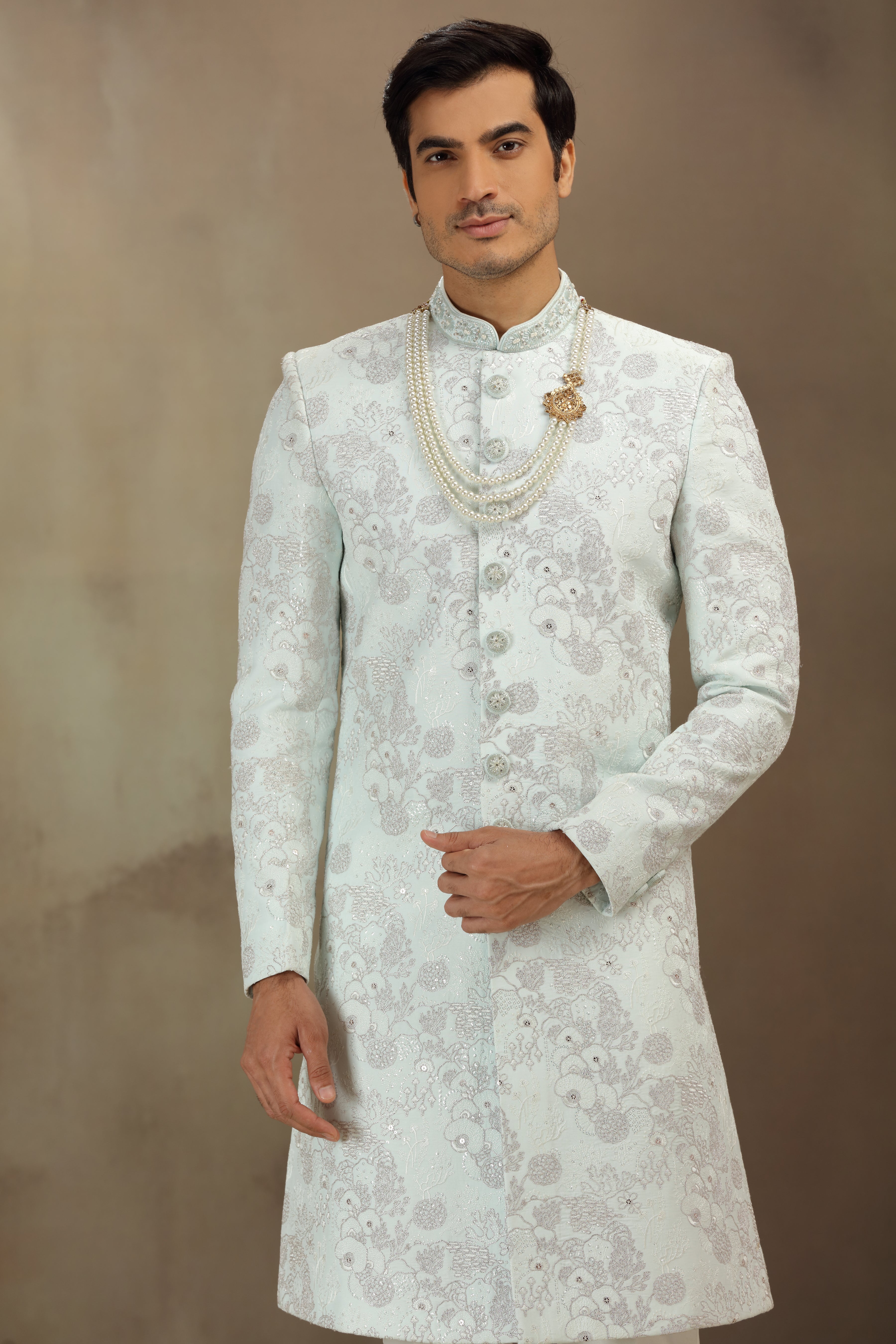 Sea Green Silk Wedding Sherwani with Resham and Dori Work