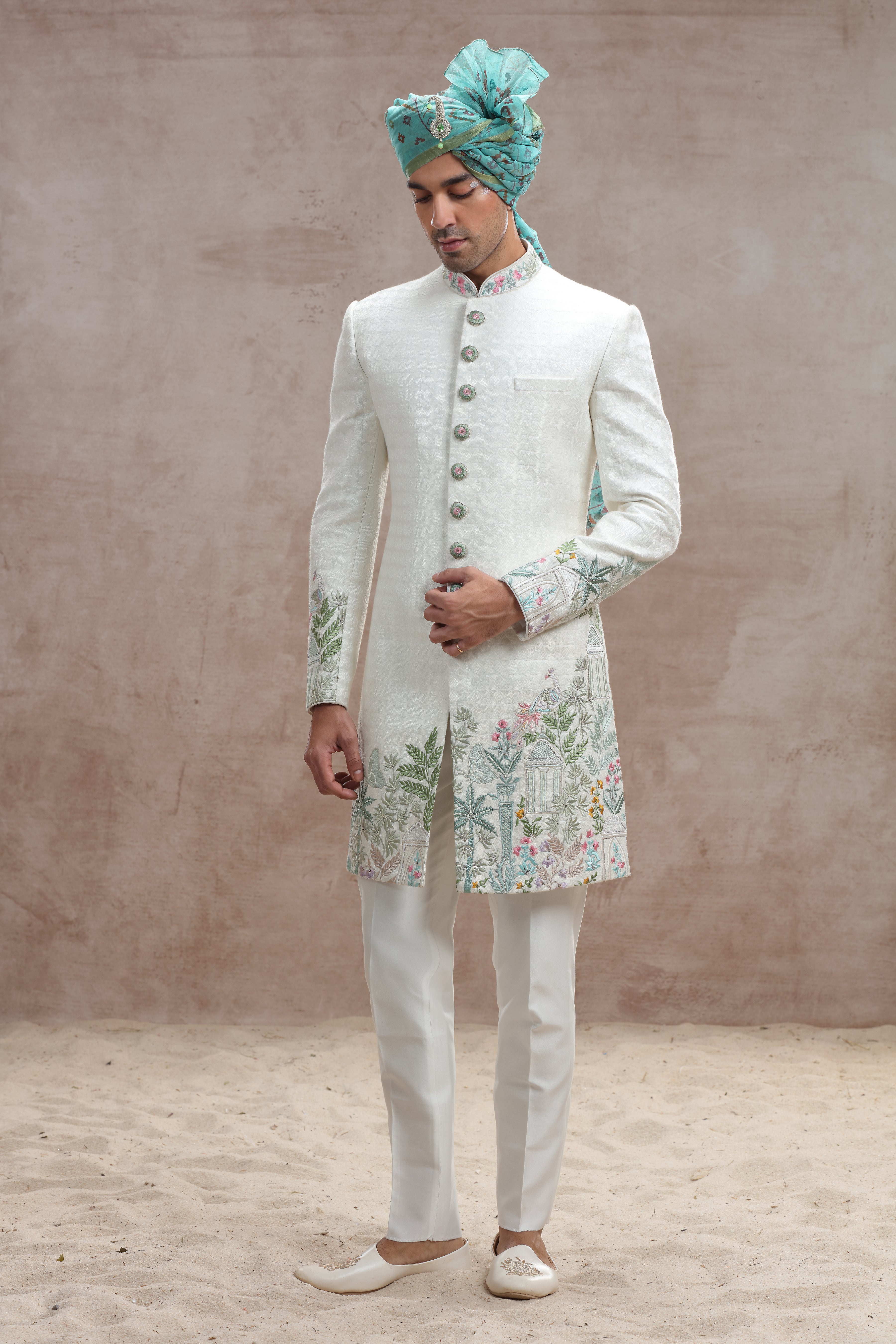 Ivory Silk Indo Western with Jungle-Themed Thread Work
