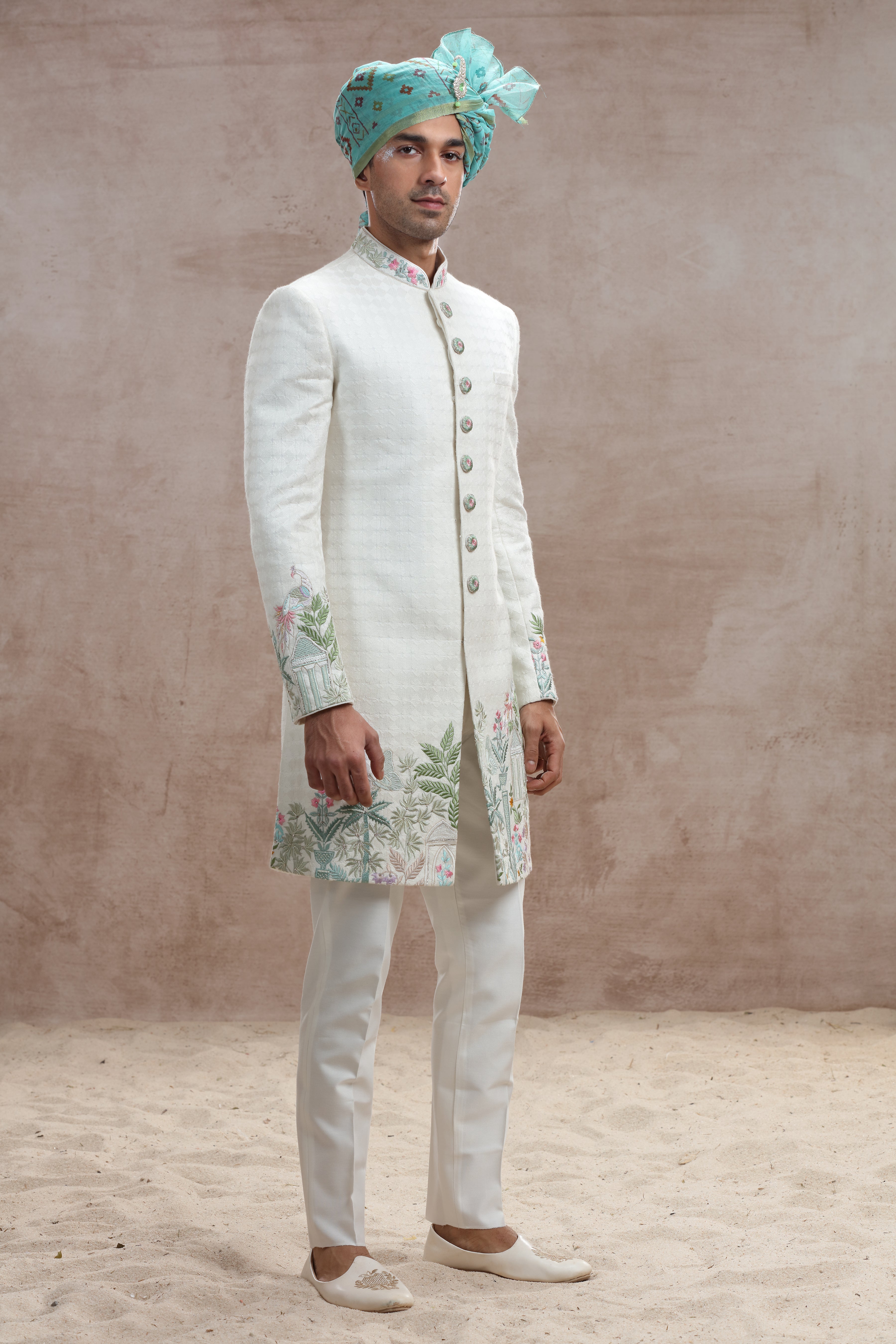 Ivory Silk Indo Western with Jungle-Themed Thread Work