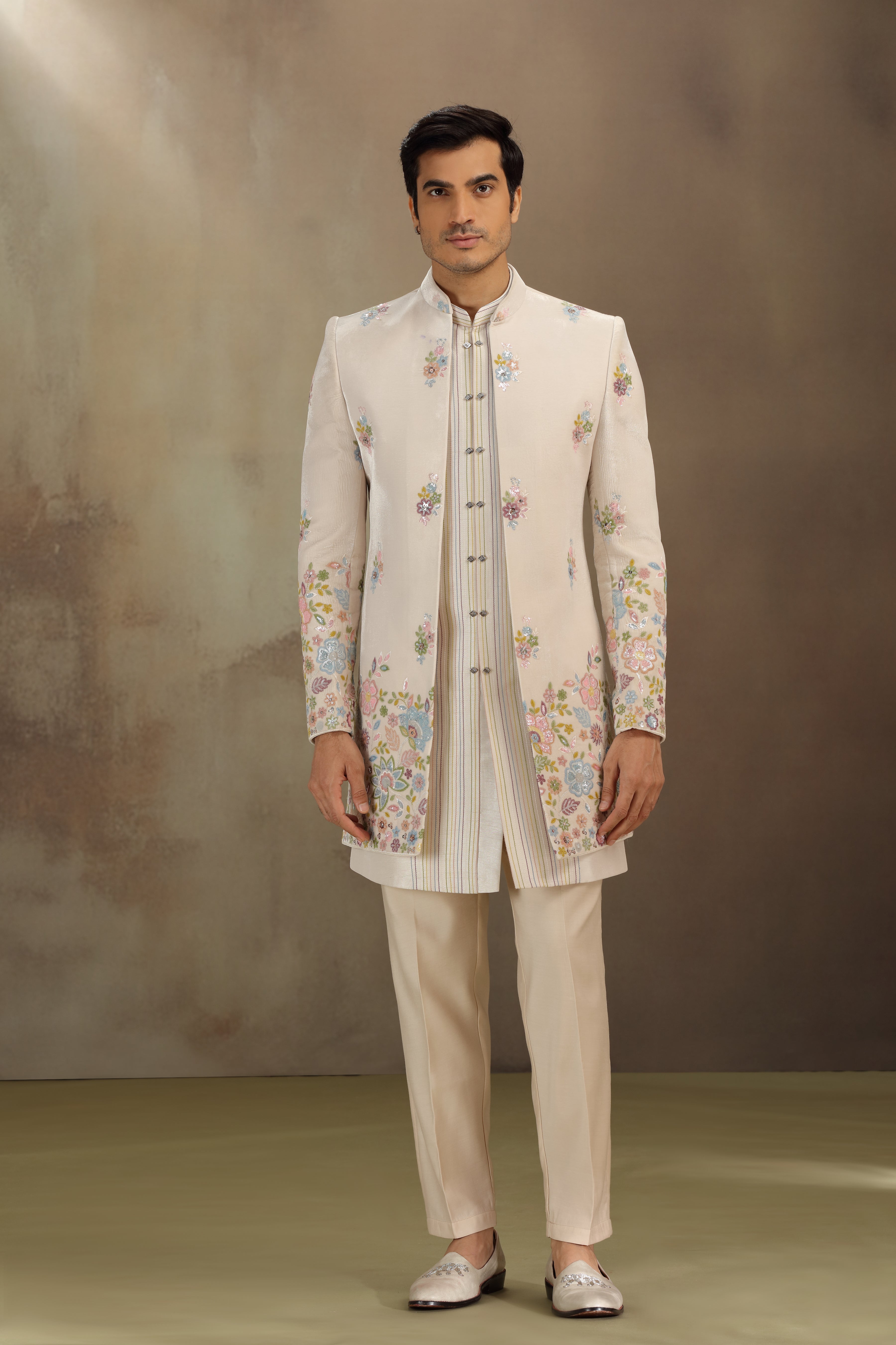 Cream Silk Indo Western with Resham & Sequins Work