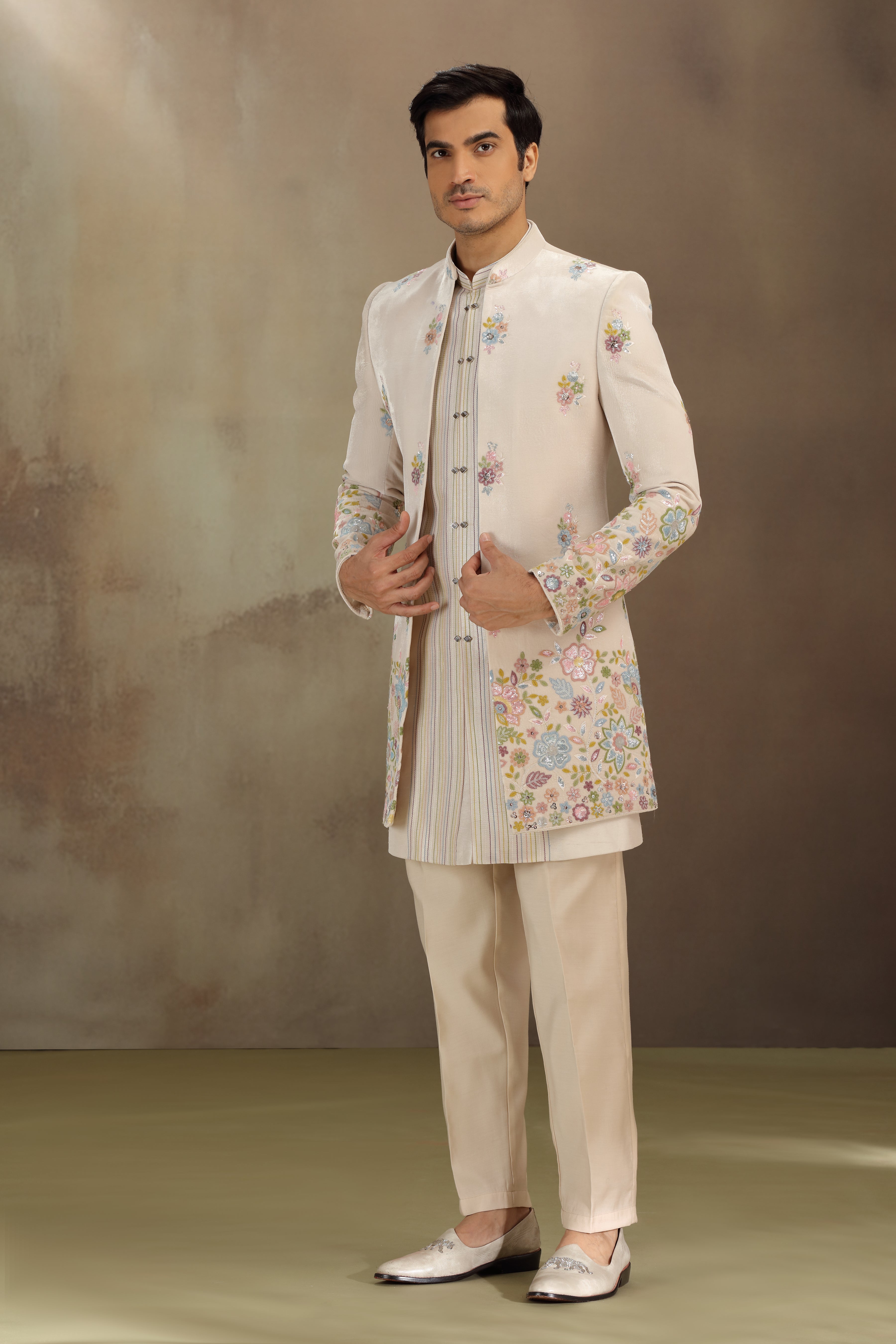 Cream Silk Indo Western with Resham & Sequins Work