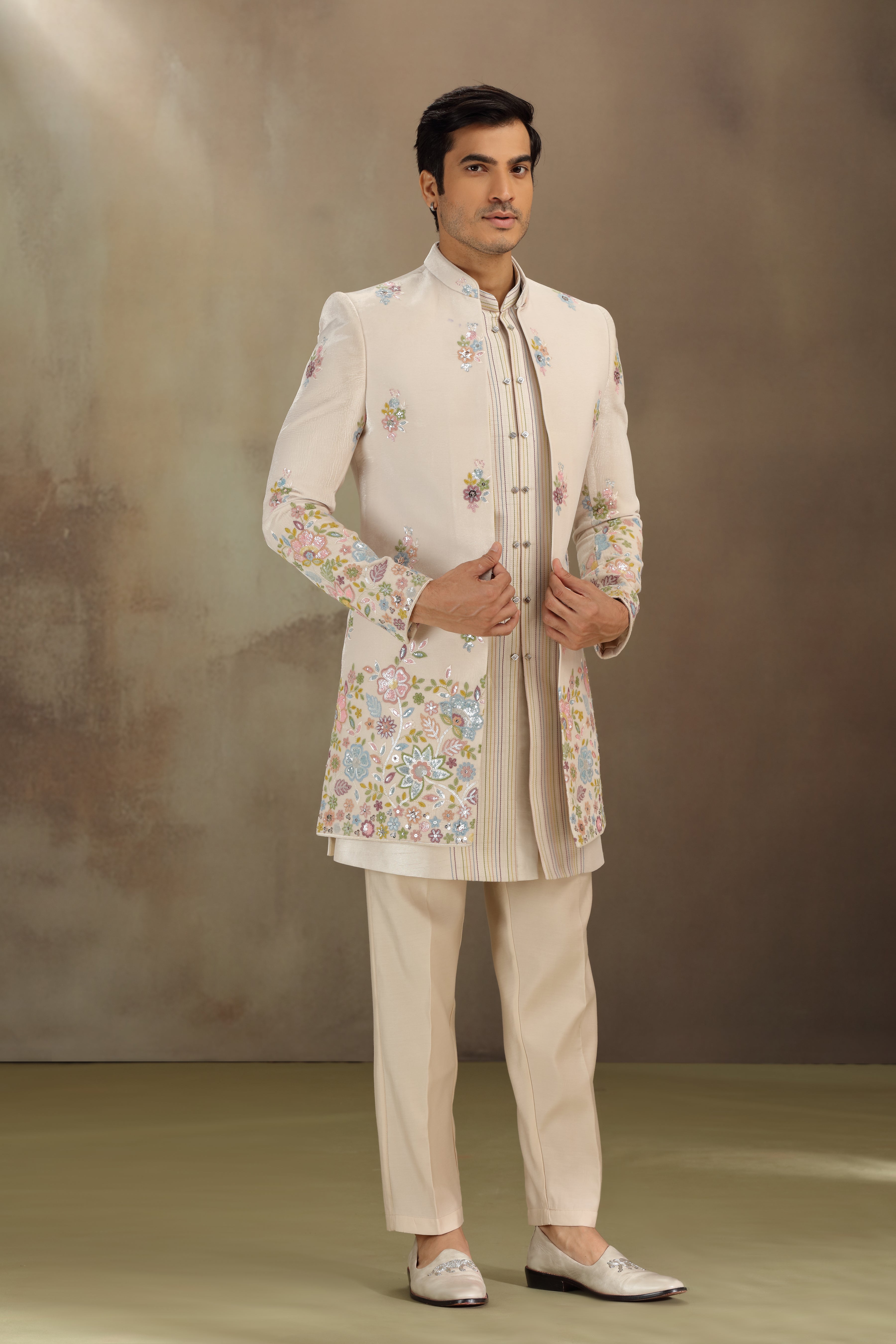 Cream Silk Indo Western with Resham & Sequins Work