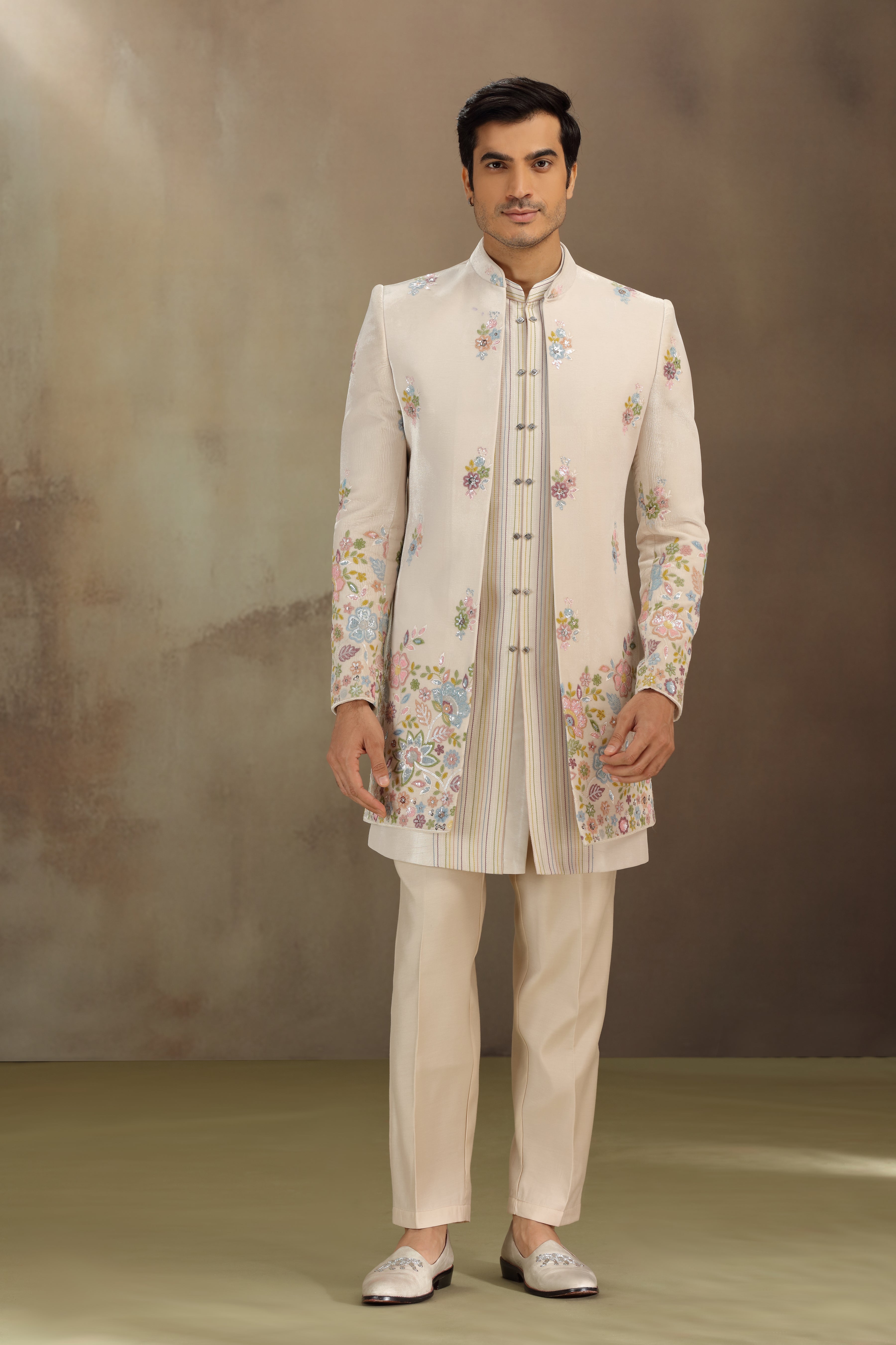 Cream Silk Indo Western with Resham & Sequins Work