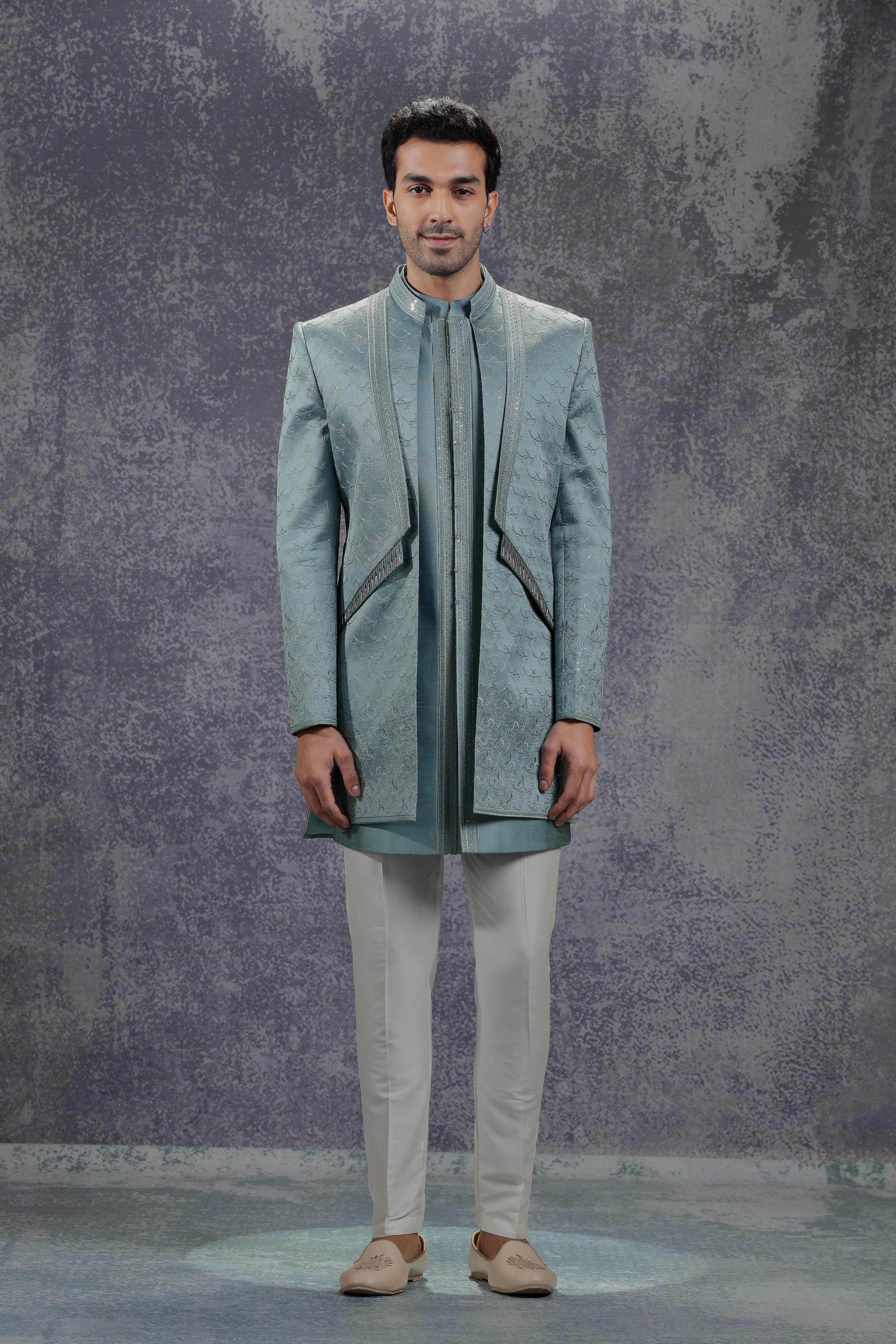 Sea Blue Silk Indowestern With Resham Embroidery - Shreeman