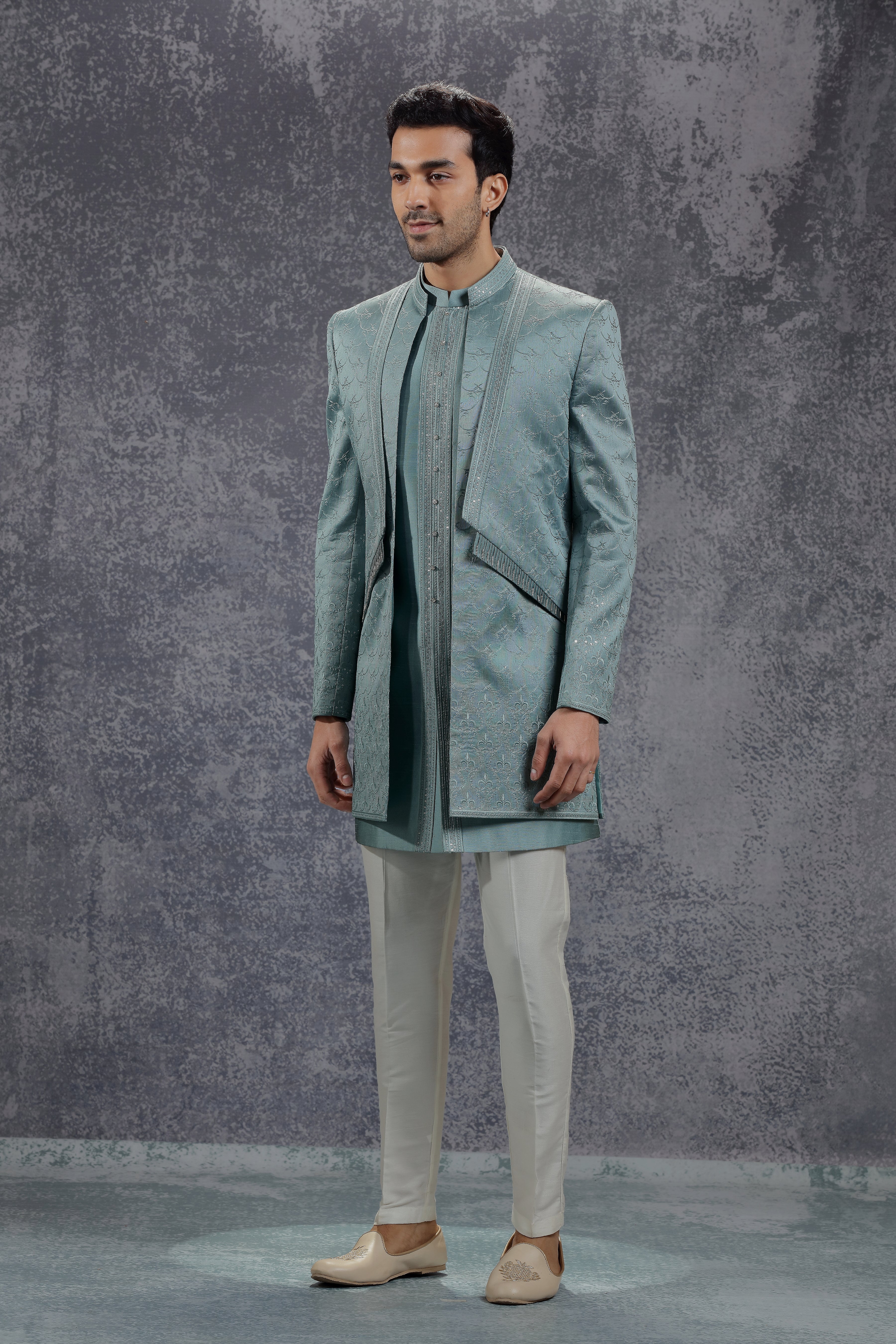 Sea Blue Silk Indowestern With Resham Embroidery - Shreeman