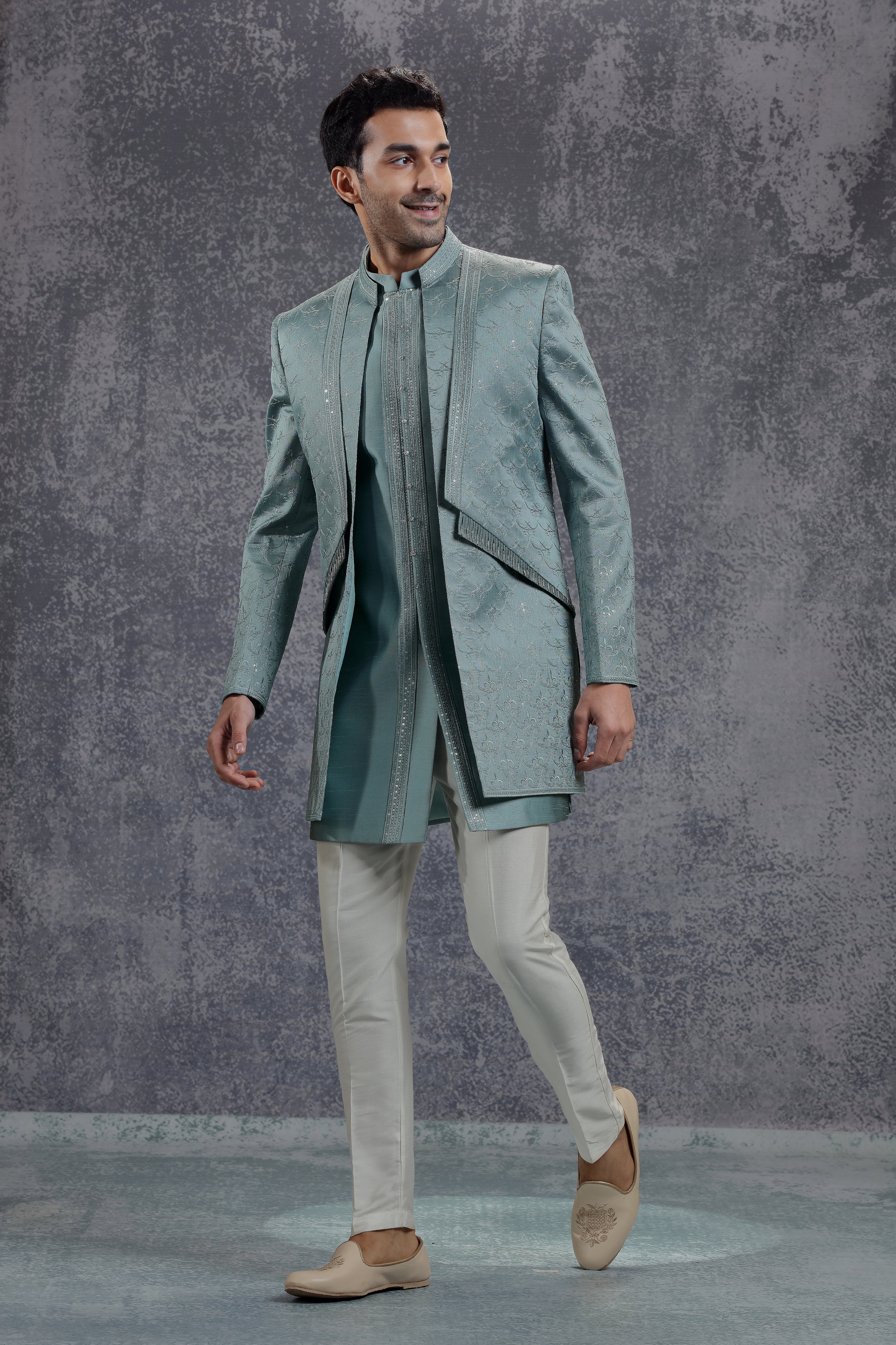 Sea Blue Silk Indowestern With Resham Embroidery - Shreeman