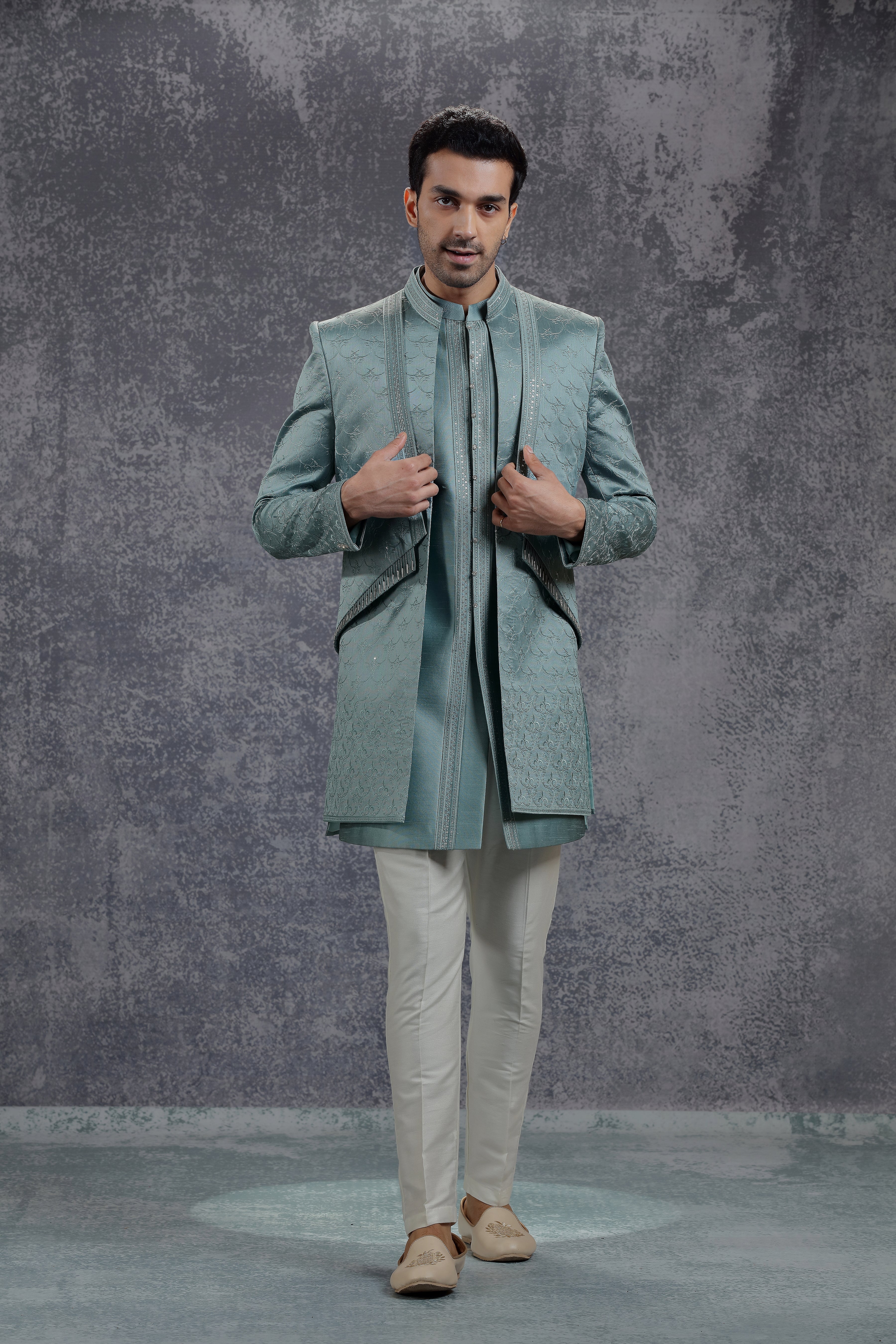 Sea Blue Silk Indowestern With Resham Embroidery - Shreeman