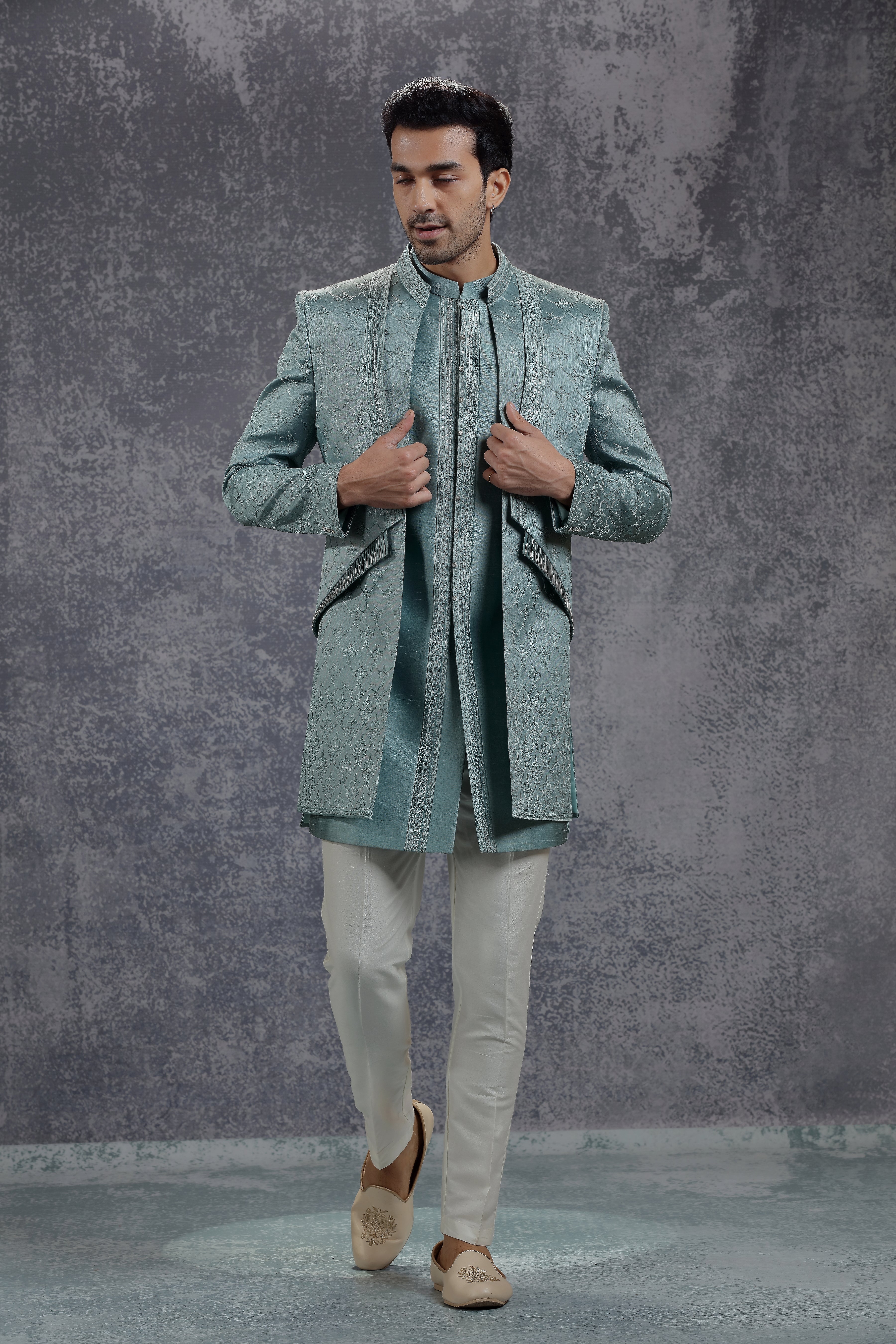 Sea Blue Silk Indowestern With Resham Embroidery - Shreeman