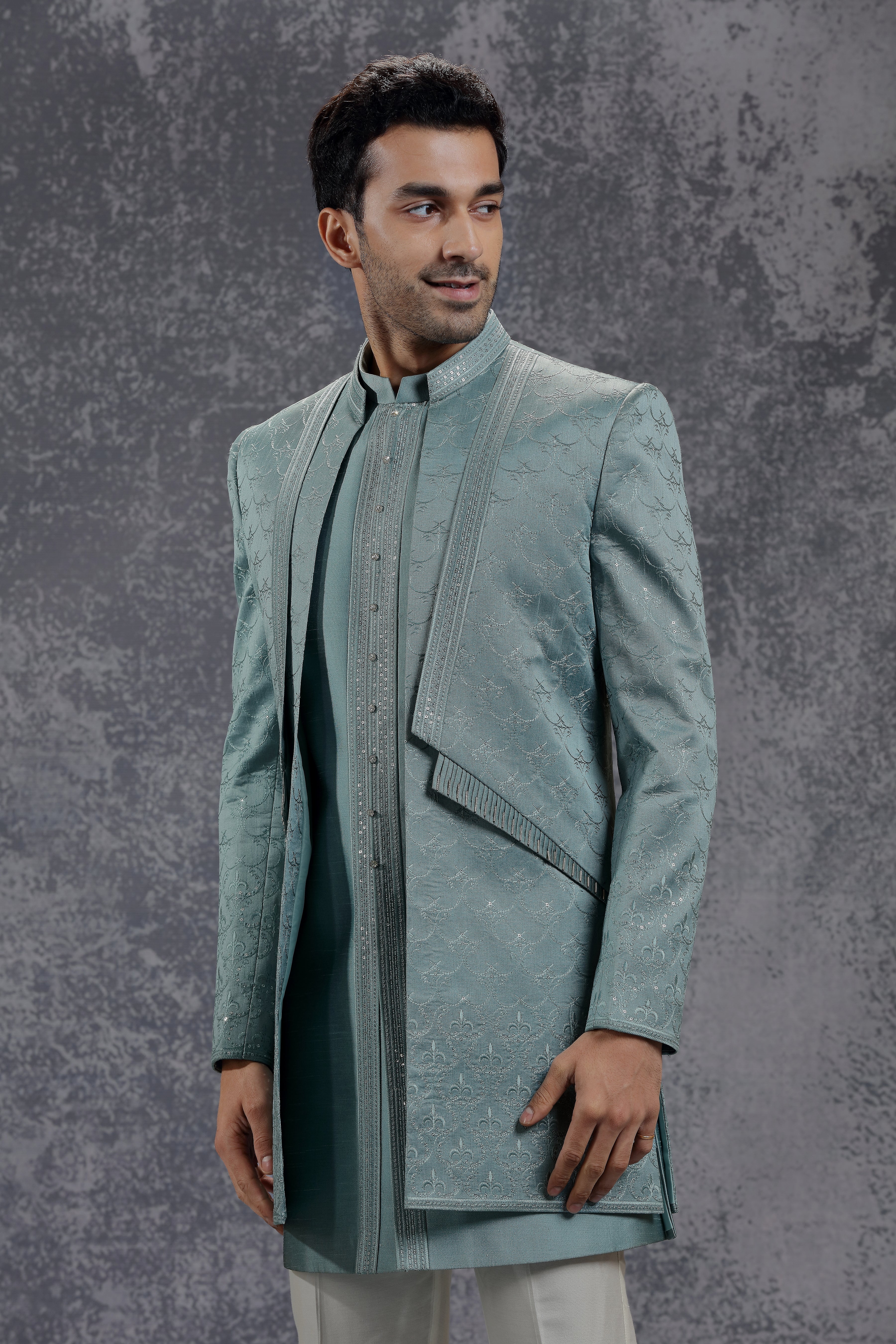 Sea Blue Silk Indowestern With Resham Embroidery - Shreeman