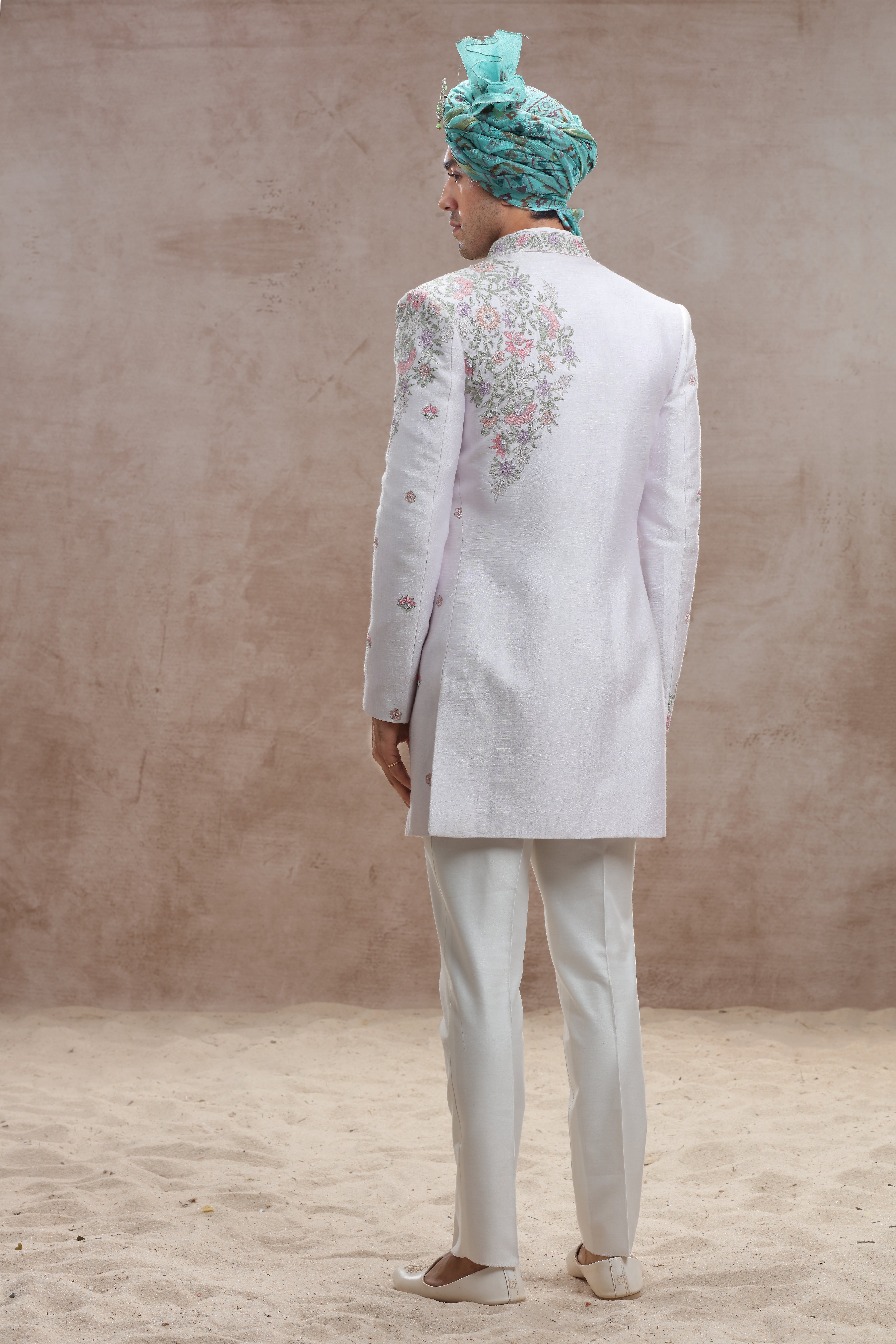 Ivory Raw Silk Indo Western with Floral Motif Thread Work