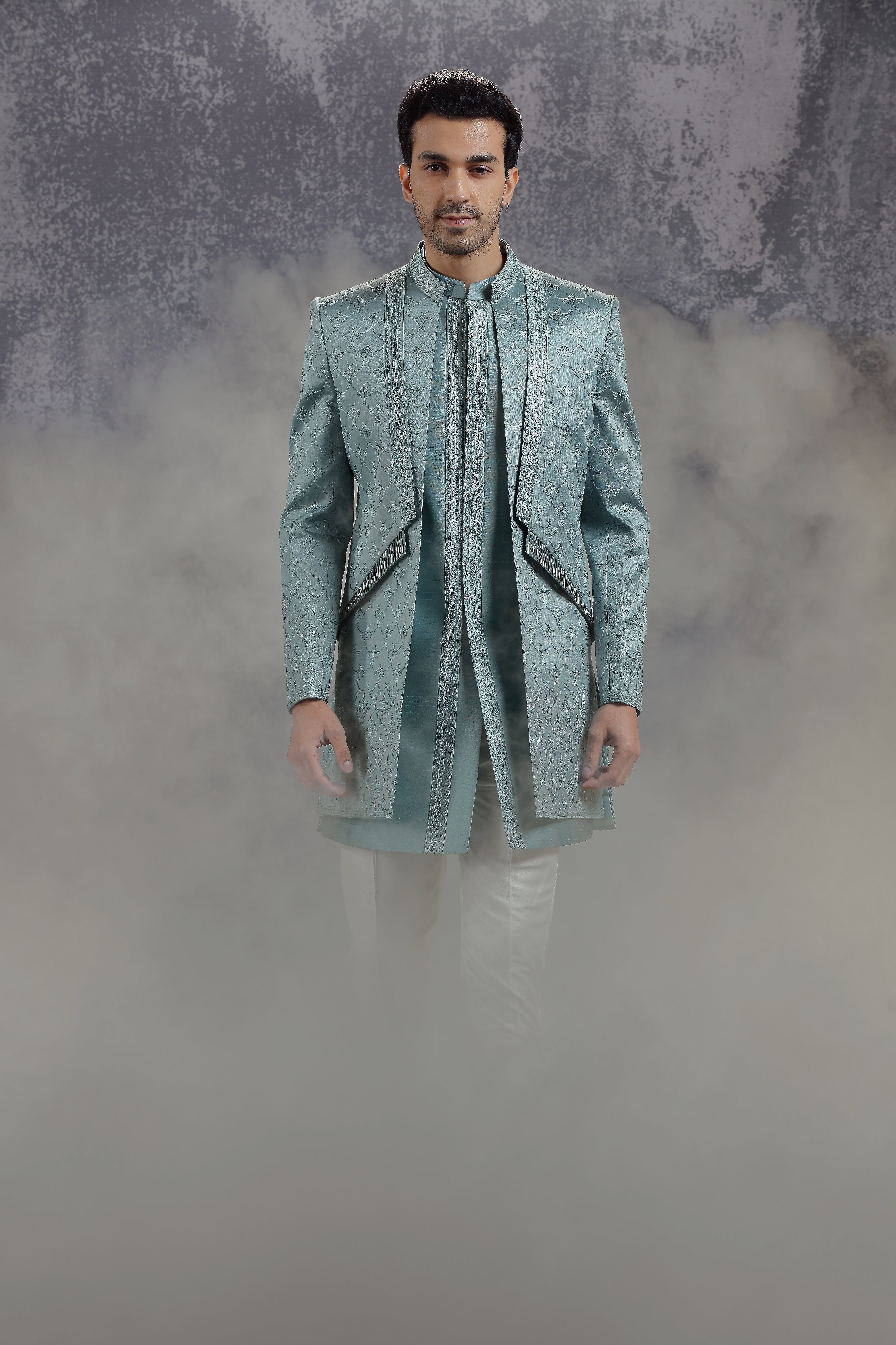 Sea Blue Silk Indowestern With Resham Embroidery - Shreeman