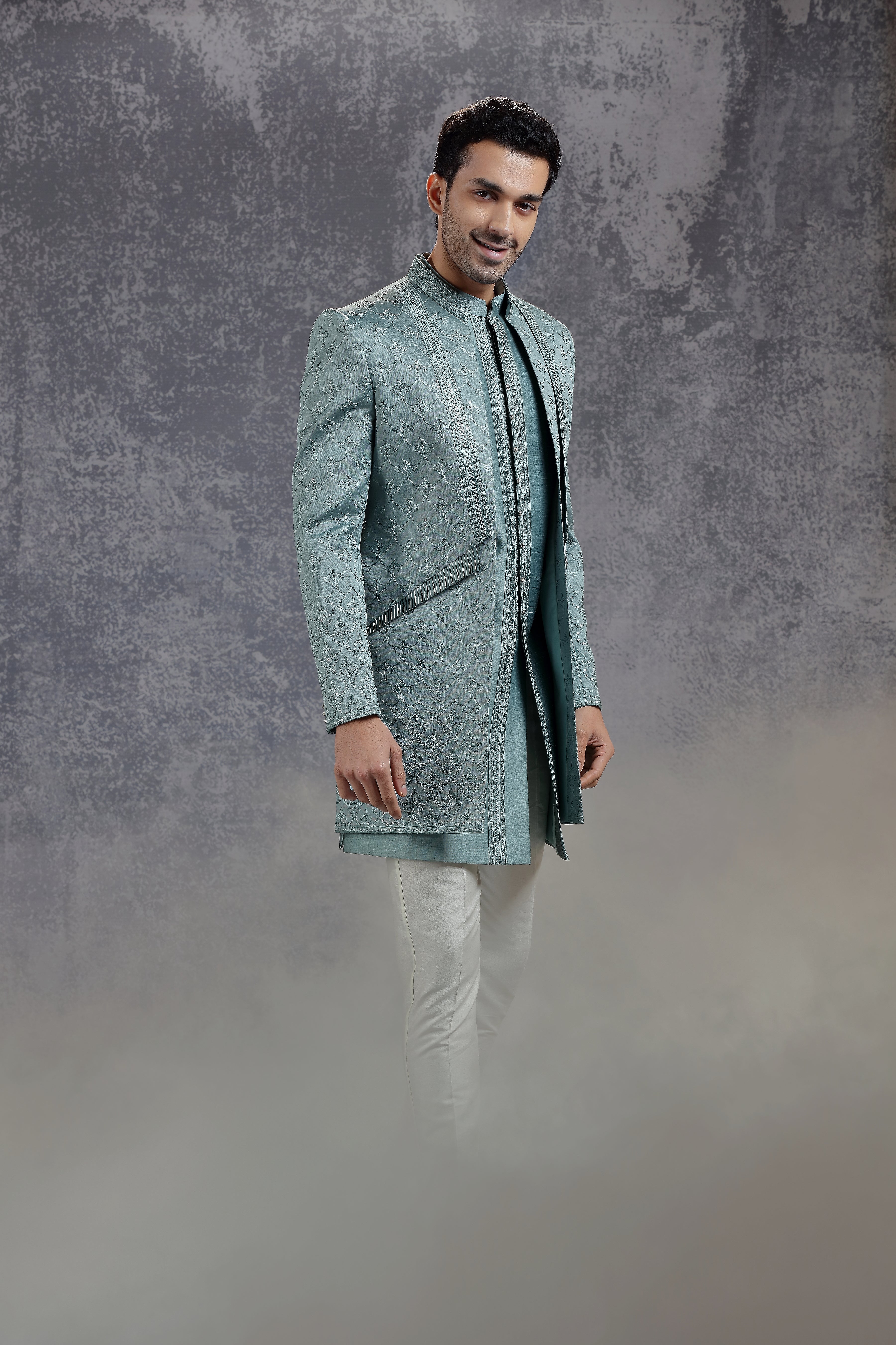 Sea Blue Silk Indowestern With Resham Embroidery - Shreeman