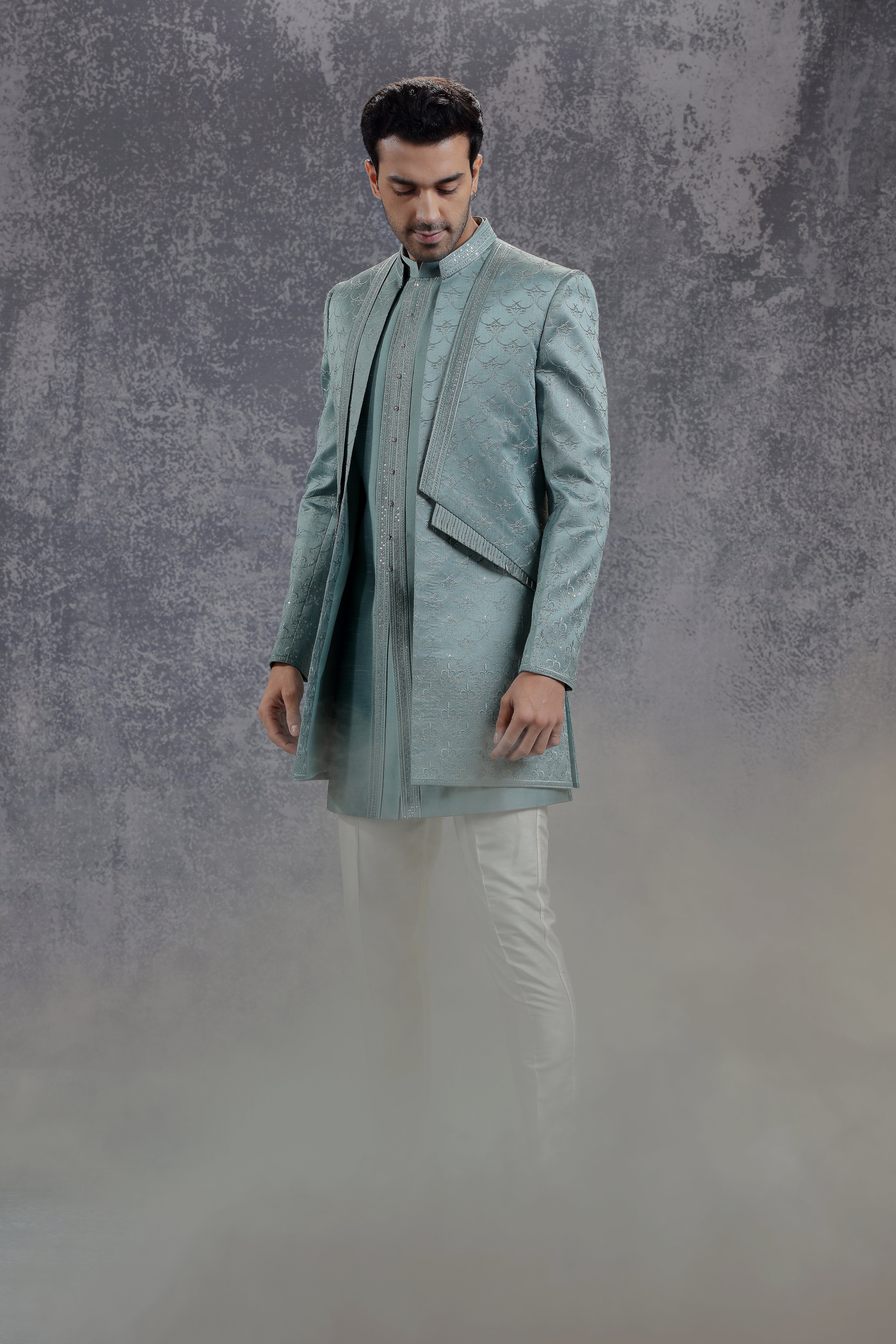 Sea Blue Silk Indowestern With Resham Embroidery - Shreeman