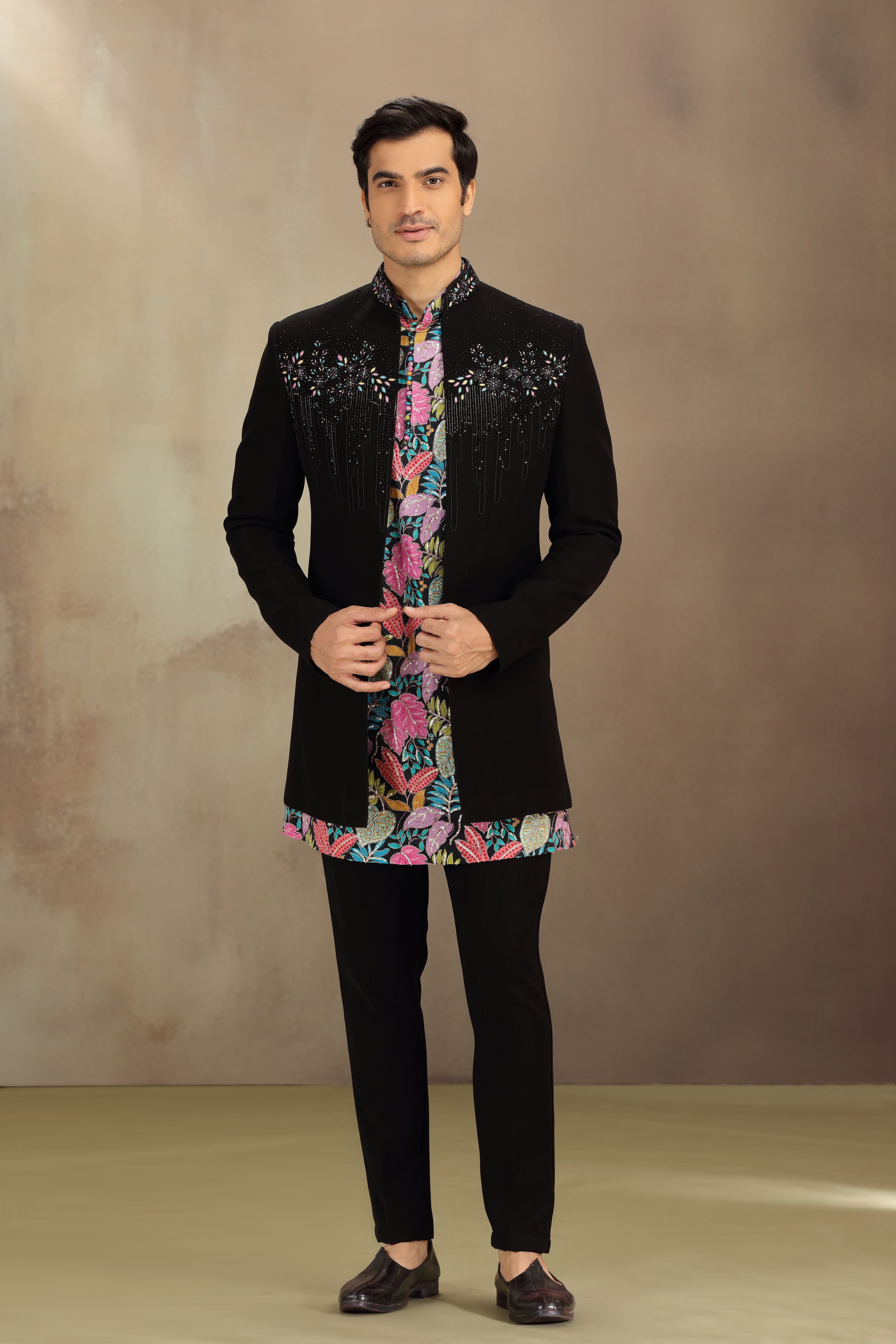 Black Suiting Indo Western with Resham, Beads & Zardosi Work
